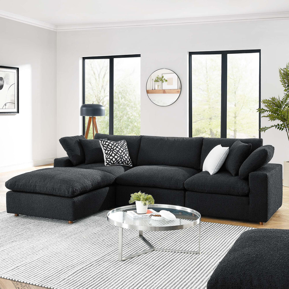 Commix 4-Piece Down Filled Overstuffed Boucle Fabric Sectional Sofa, Black