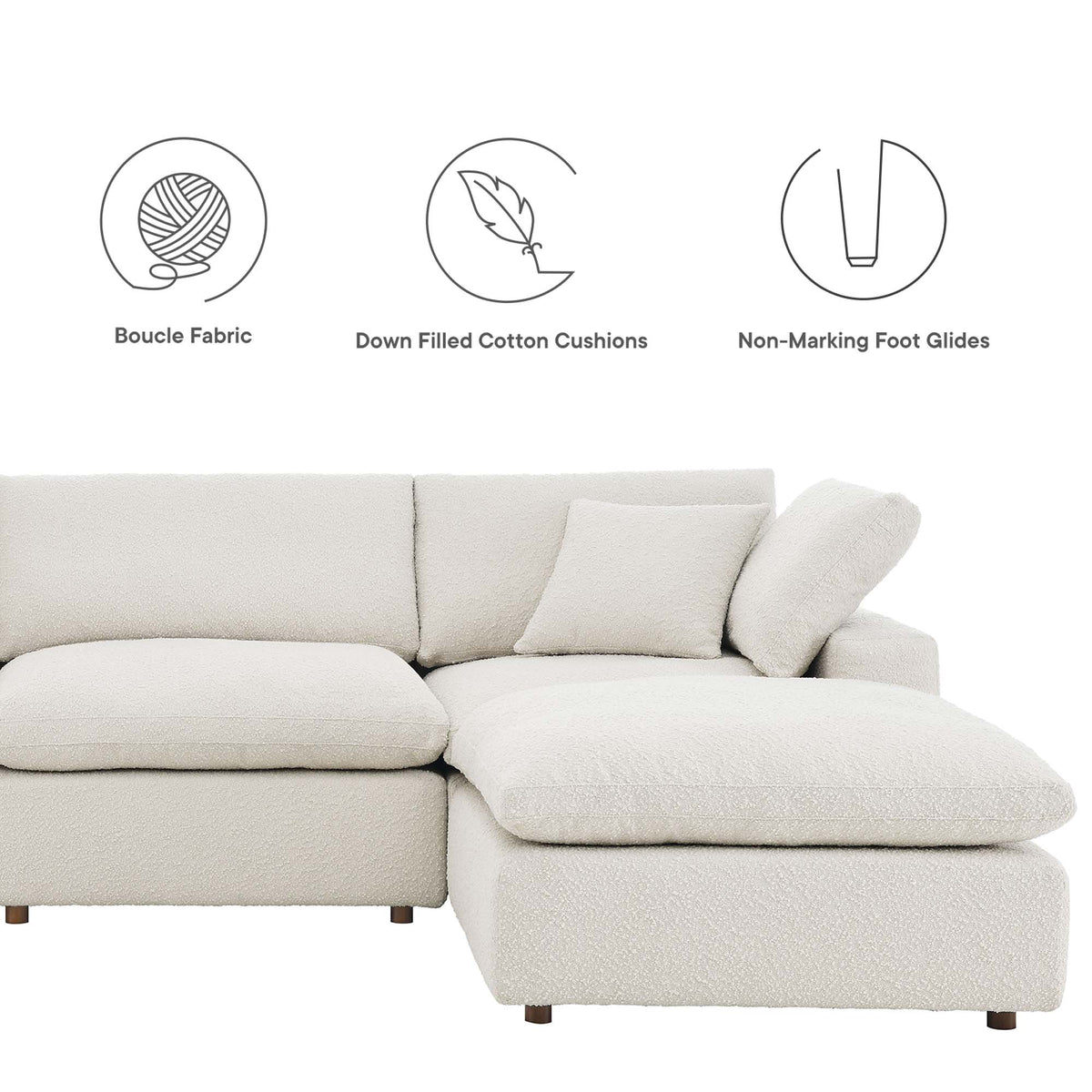 Commix 4-Piece Down Filled Overstuffed Boucle Fabric Sectional Sofa, Ivory