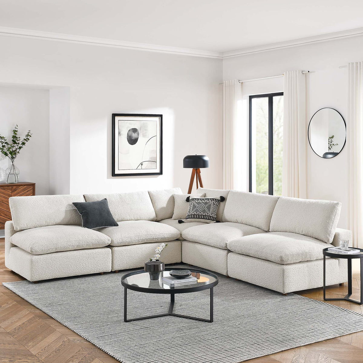 Commix 5-Piece Down Filled Overstuffed Boucle Fabric Sectional Sofa, Ivory - Model EEI-6367