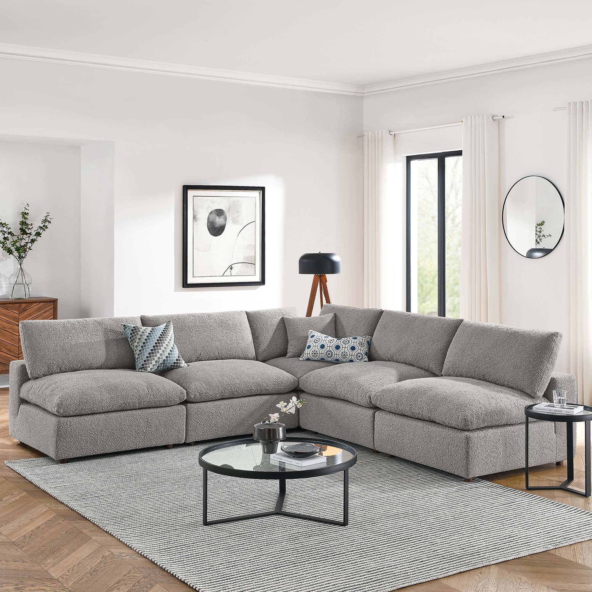 Commix 5-Piece Down Filled Overstuffed Boucle Fabric Sectional Sofa, Light Gray