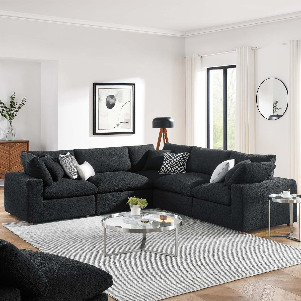 Commix 5-Piece Down Filled Overstuffed Boucle Sectional Sofa, Black