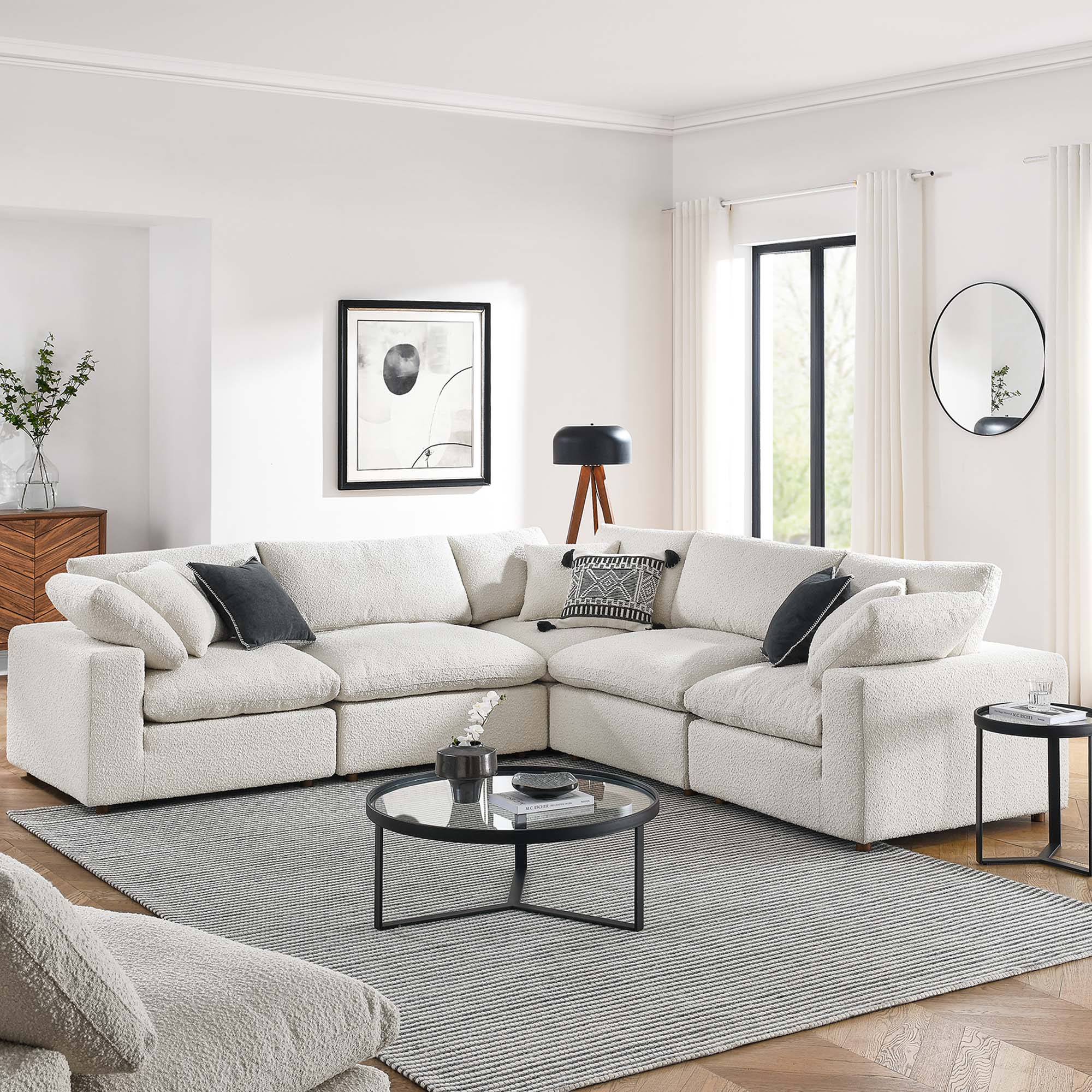 Commix 5-Piece Down Filled Overstuffed Boucle Sectional Sofa, Ivory