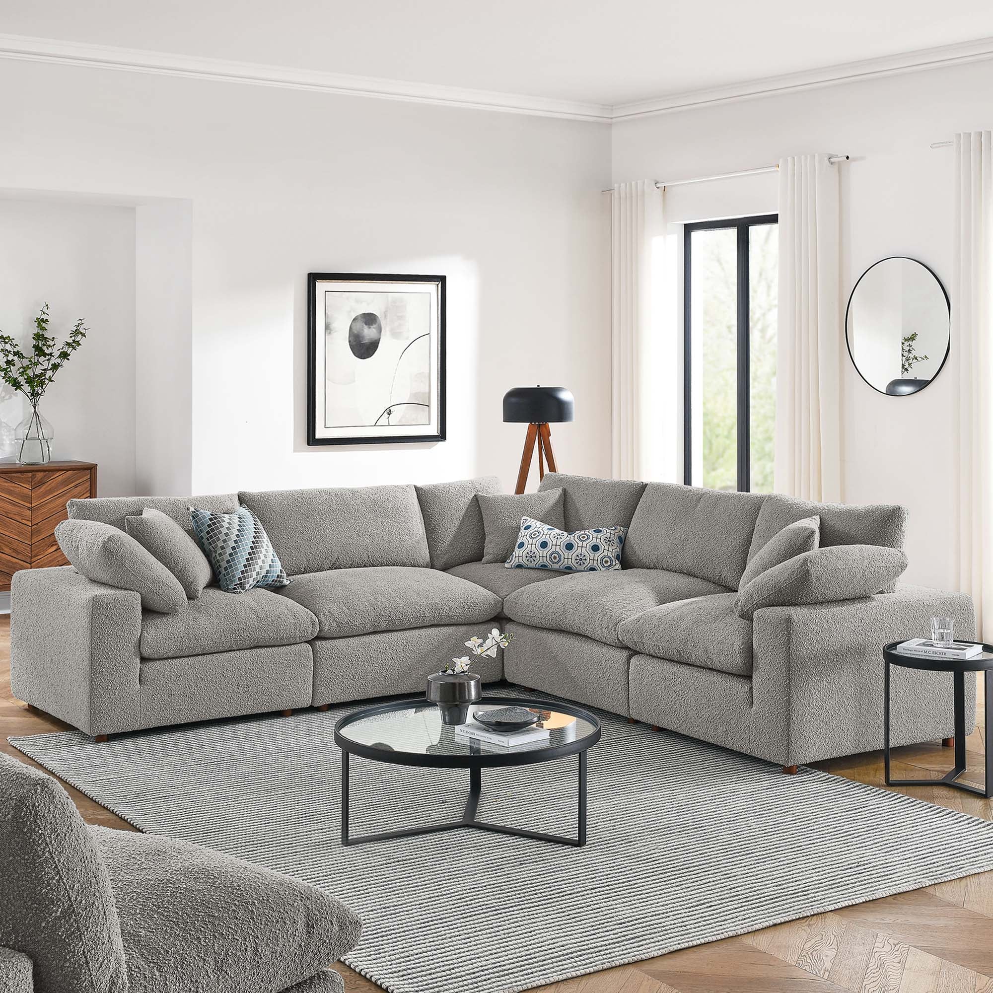 Commix 5-Piece Down Filled Overstuffed Boucle Sectional Sofa, Light Gray