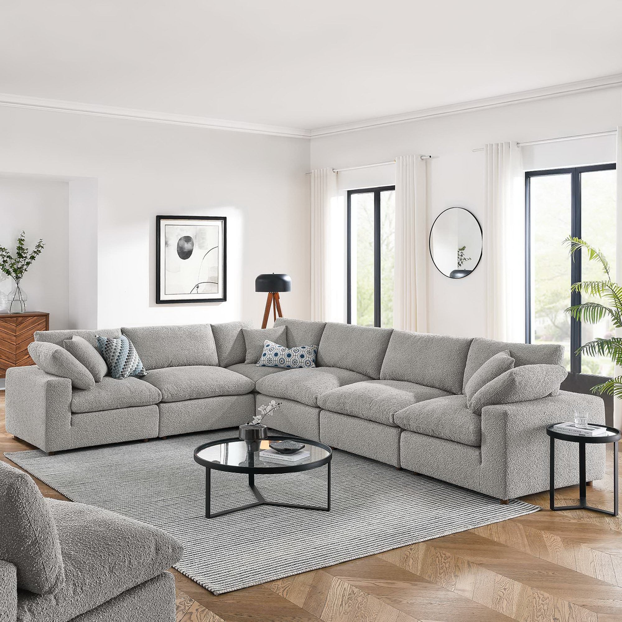 Commix 6-Piece Down Filled Overstuffed Boucle Fabric Sectional Sofa, Light Gray