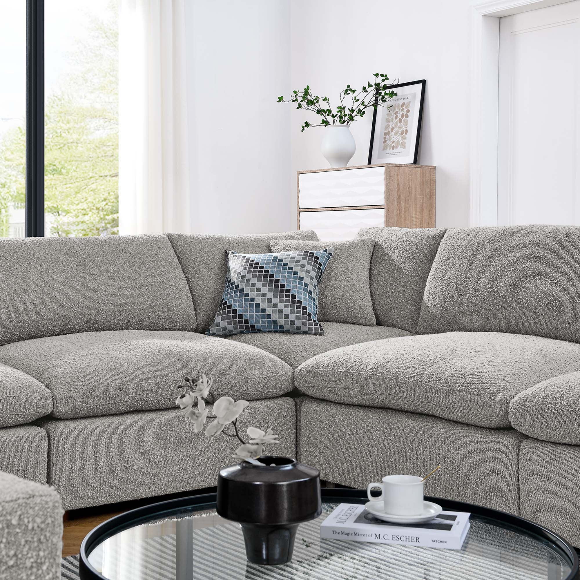Commix 8-Piece Down Filled Overstuffed Boucle Fabric Sectional Sofa, Light Gray