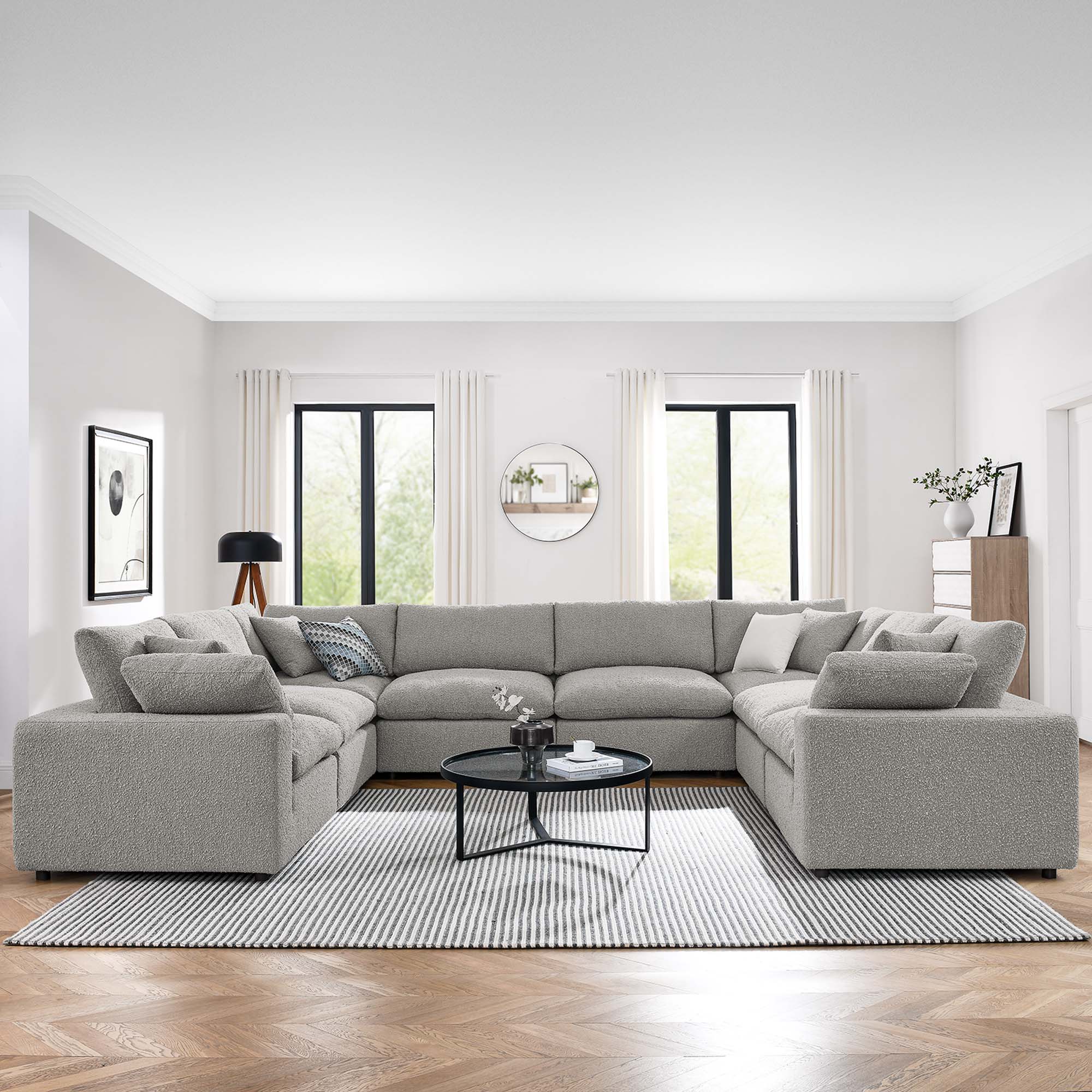 Commix 8-Piece Down Filled Overstuffed Boucle Fabric Sectional Sofa, Light Gray