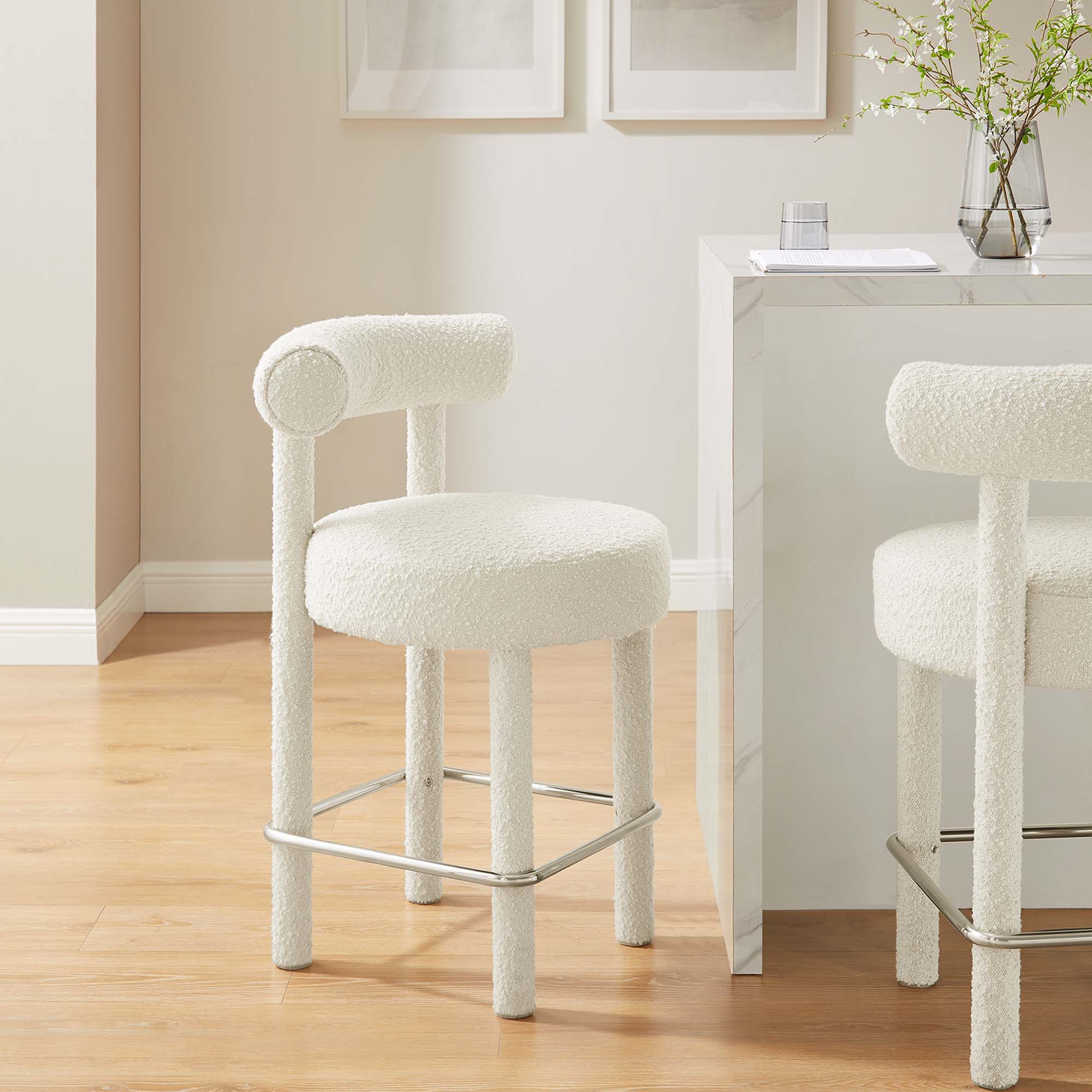 Toulouse Boucle Fabric Counter Stool, Ivory Silver