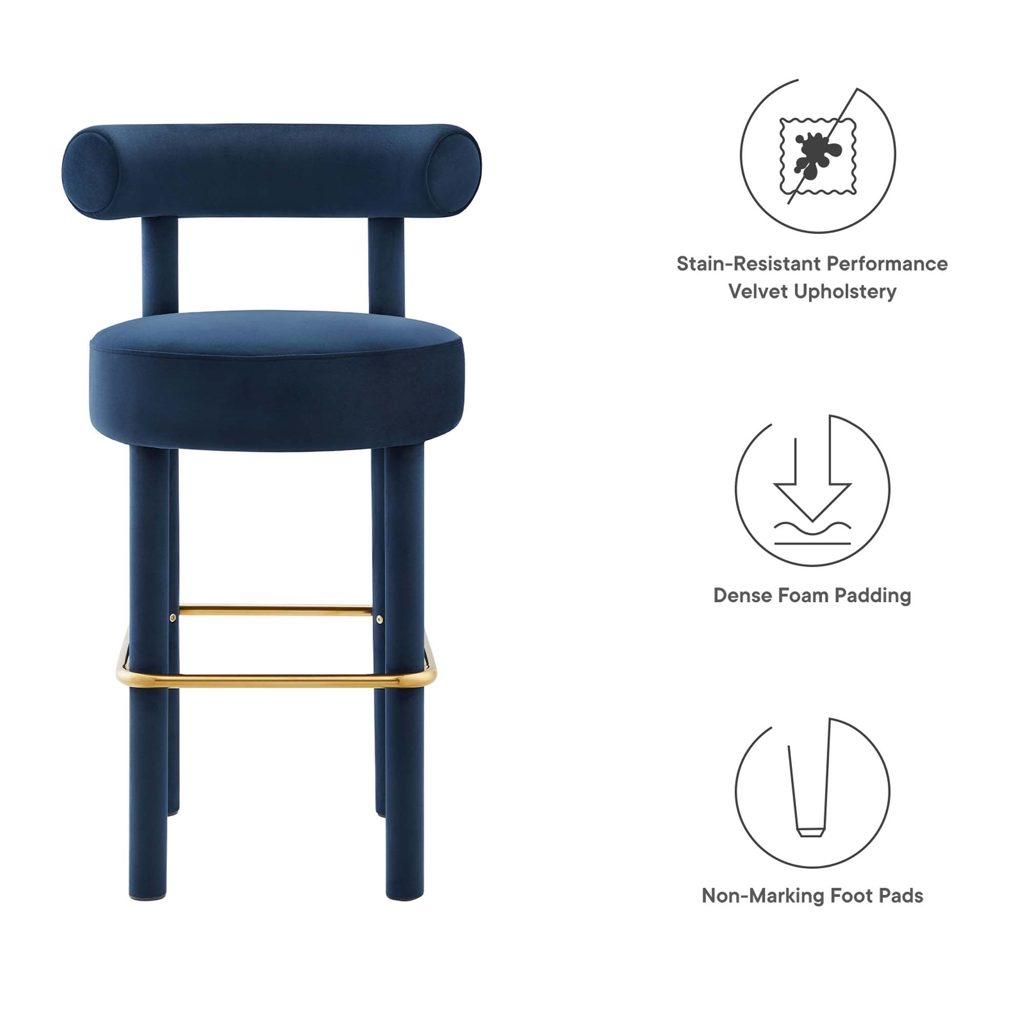 Toulouse Performance Velvet Bar Stool, Midnight Blue Gold
