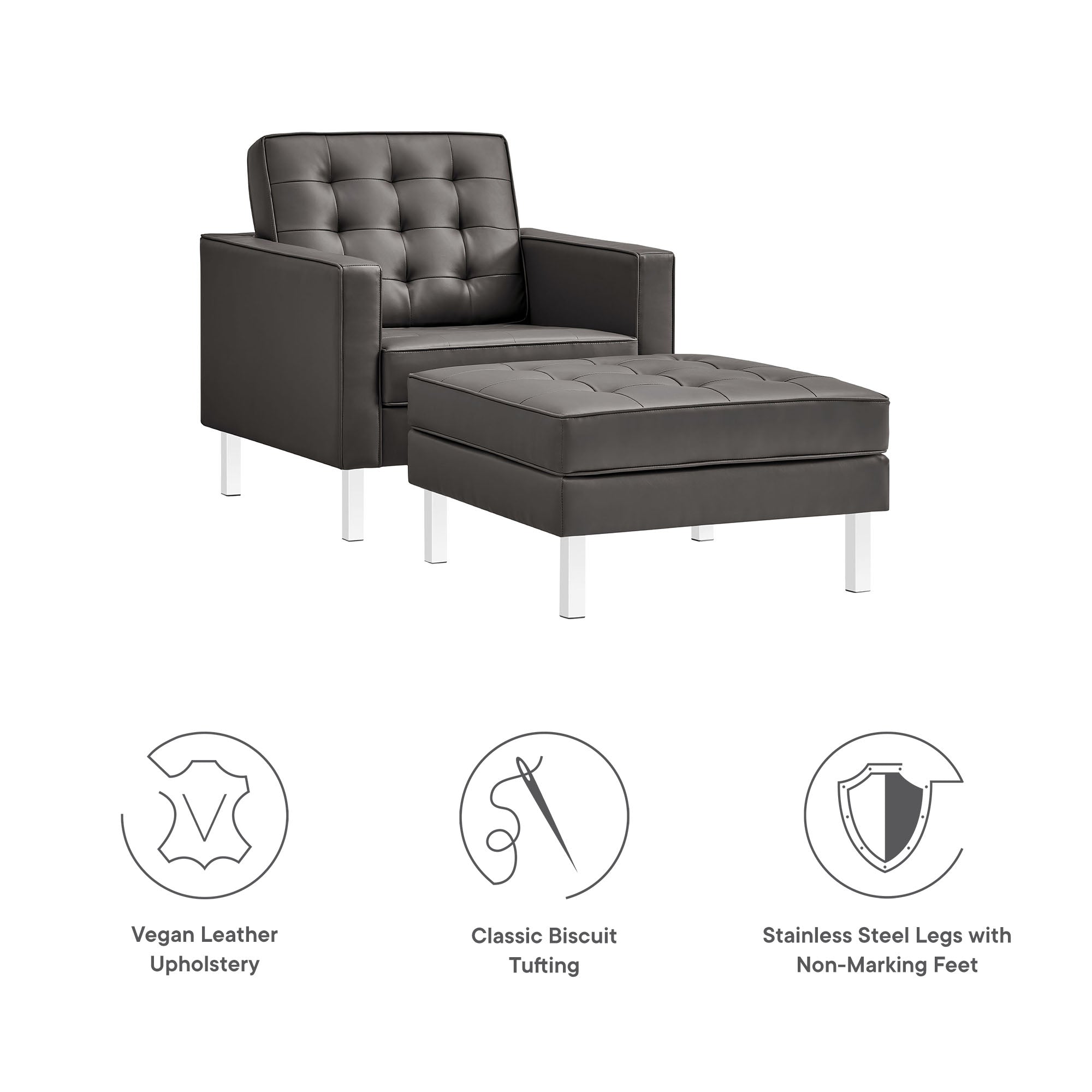 Loft Tufted Vegan Leather Armchair and Ottoman Set, Silver Gray