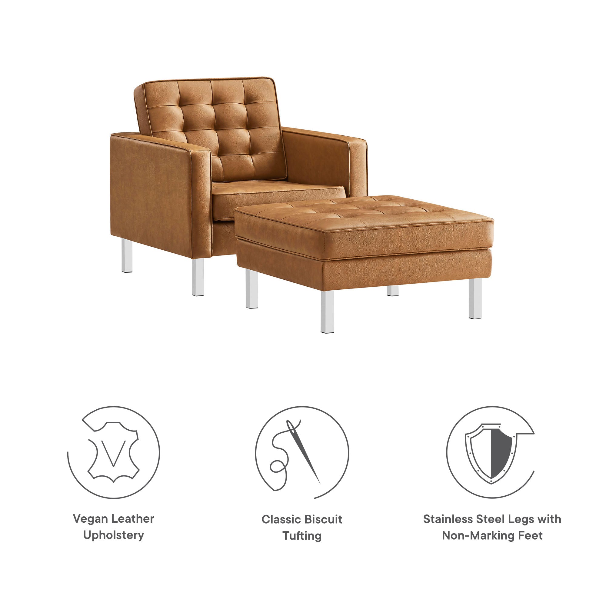 Loft Tufted Vegan Leather Armchair and Ottoman Set, Silver Tan
