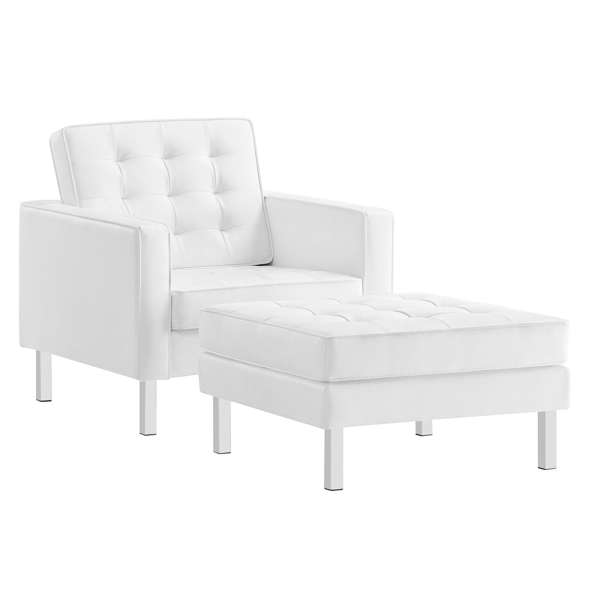 Loft Tufted Vegan Leather Armchair and Ottoman Set, Silver White