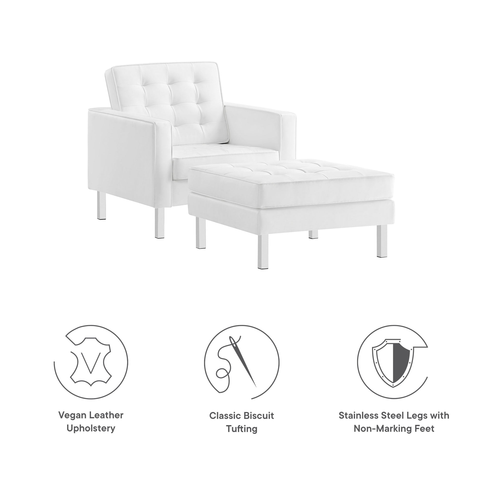 Loft Tufted Vegan Leather Armchair and Ottoman Set, Silver White