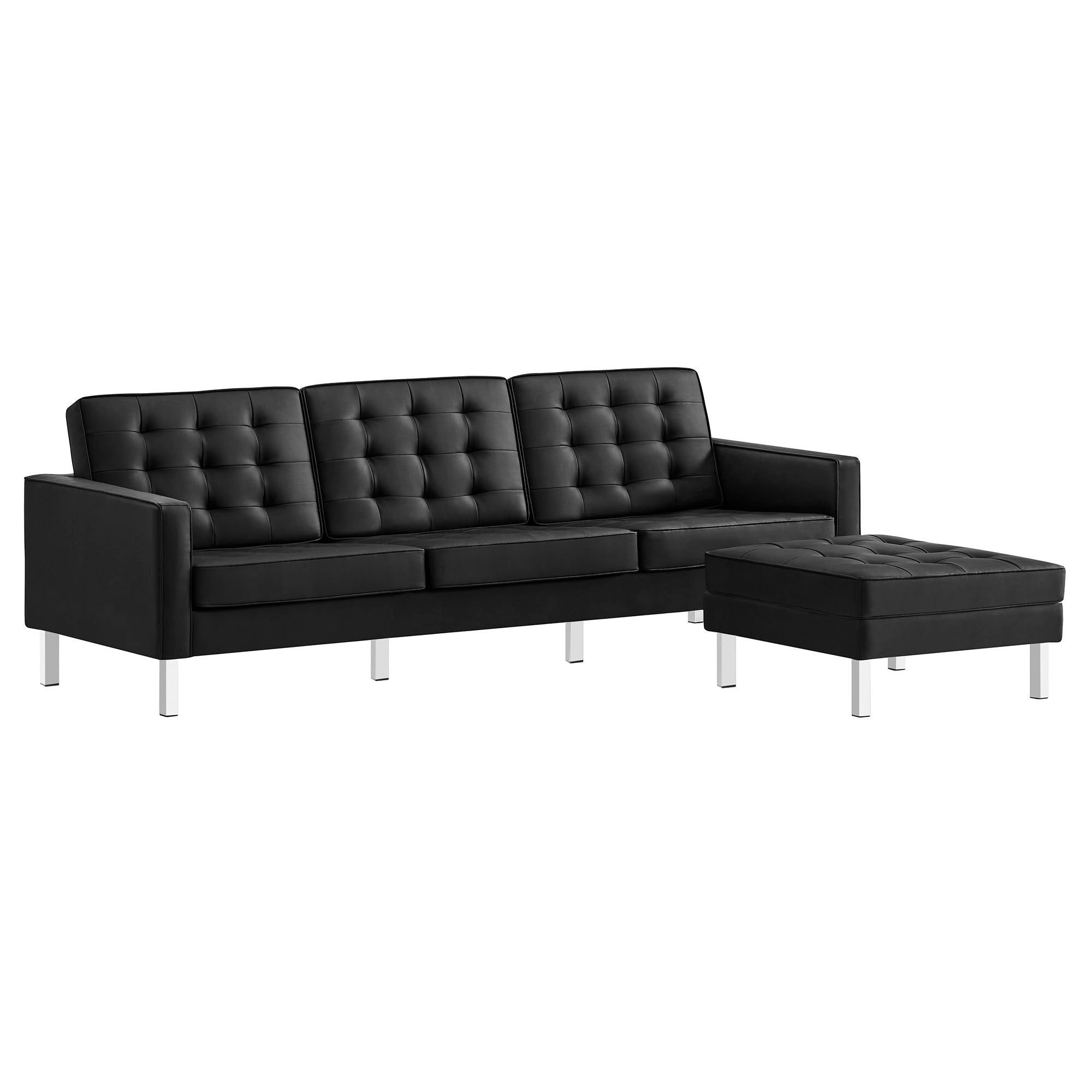 Loft Tufted Vegan Leather Sofa and Ottoman Set, Silver Black