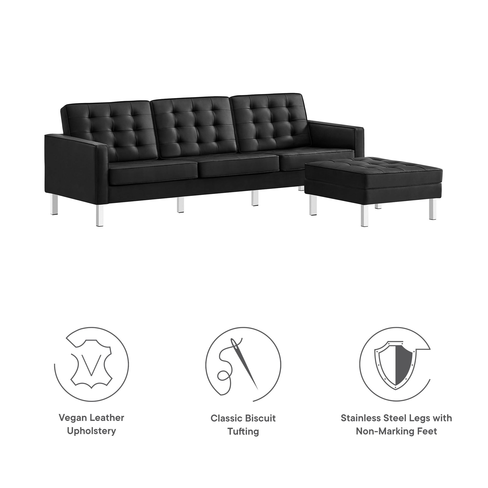 Loft Tufted Vegan Leather Sofa and Ottoman Set, Silver Black