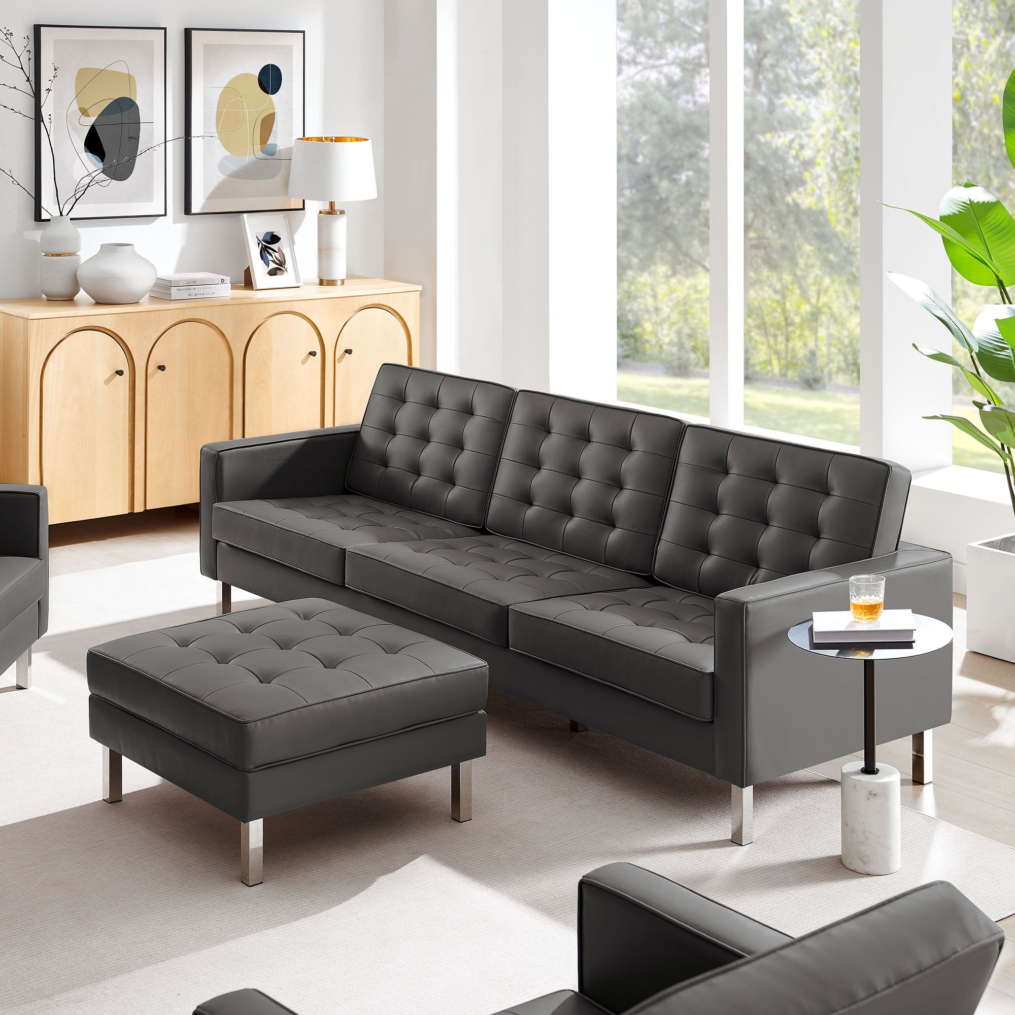 Loft Tufted Vegan Leather Sofa and Ottoman Set, Silver Gray