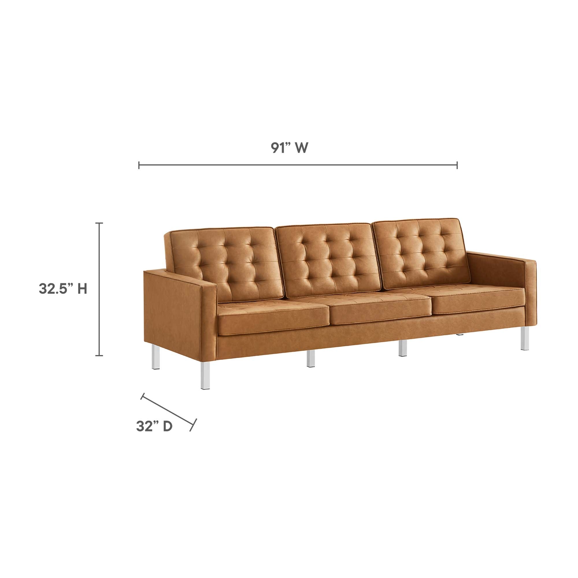 Loft Tufted Vegan Leather Sofa and Ottoman Set, Silver Tan