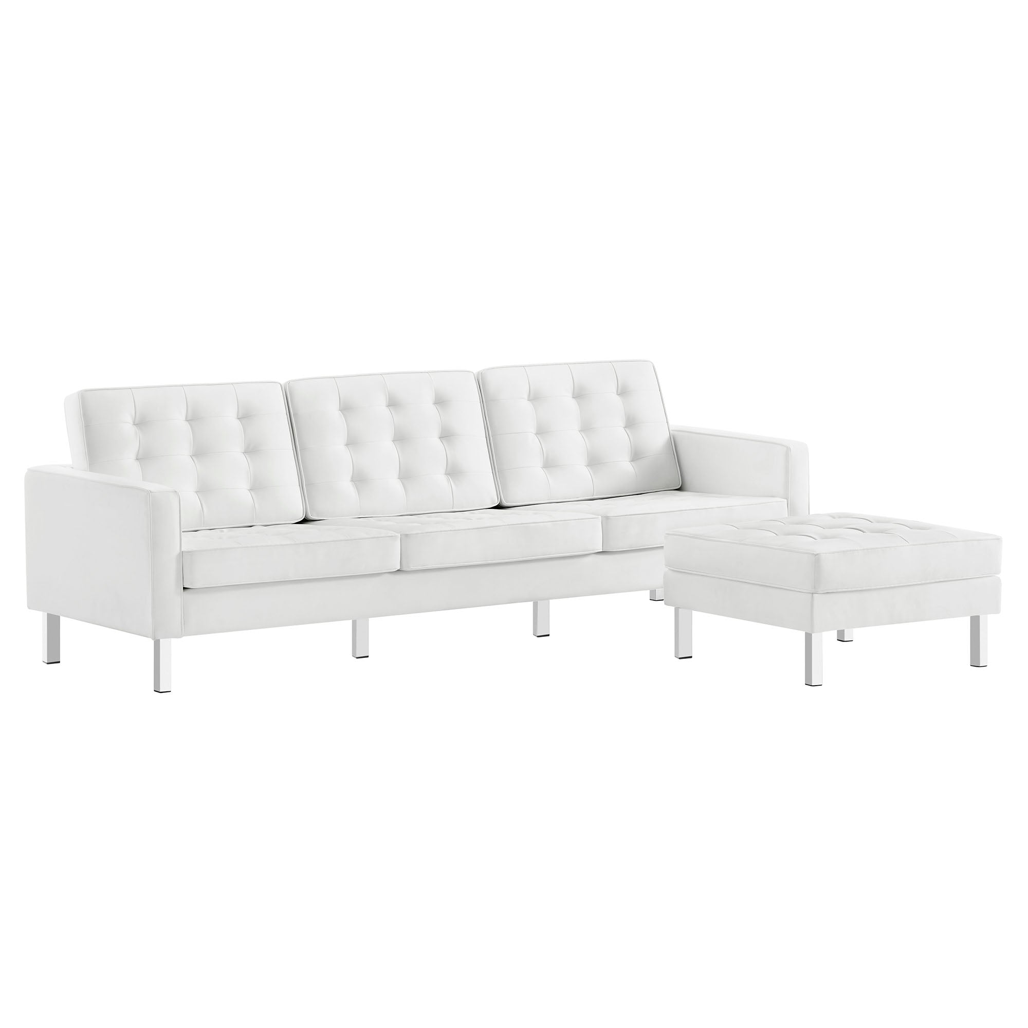 Loft Tufted Vegan Leather Sofa and Ottoman Set, Silver White