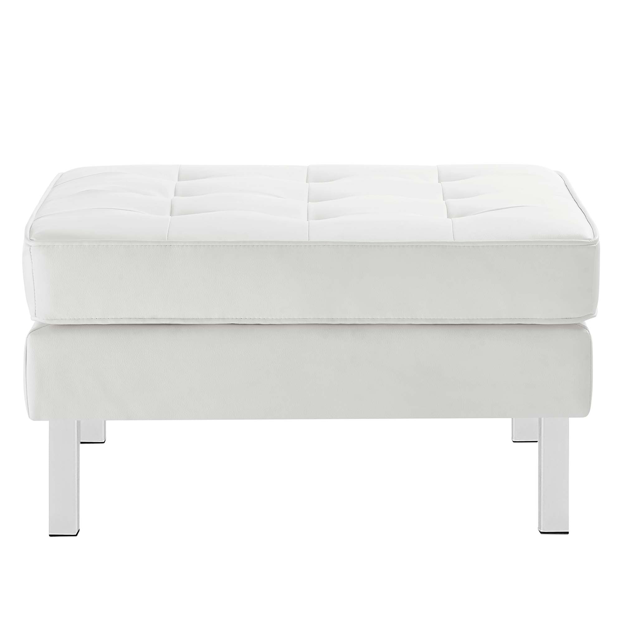 Loft Tufted Vegan Leather Sofa and Ottoman Set, Silver White