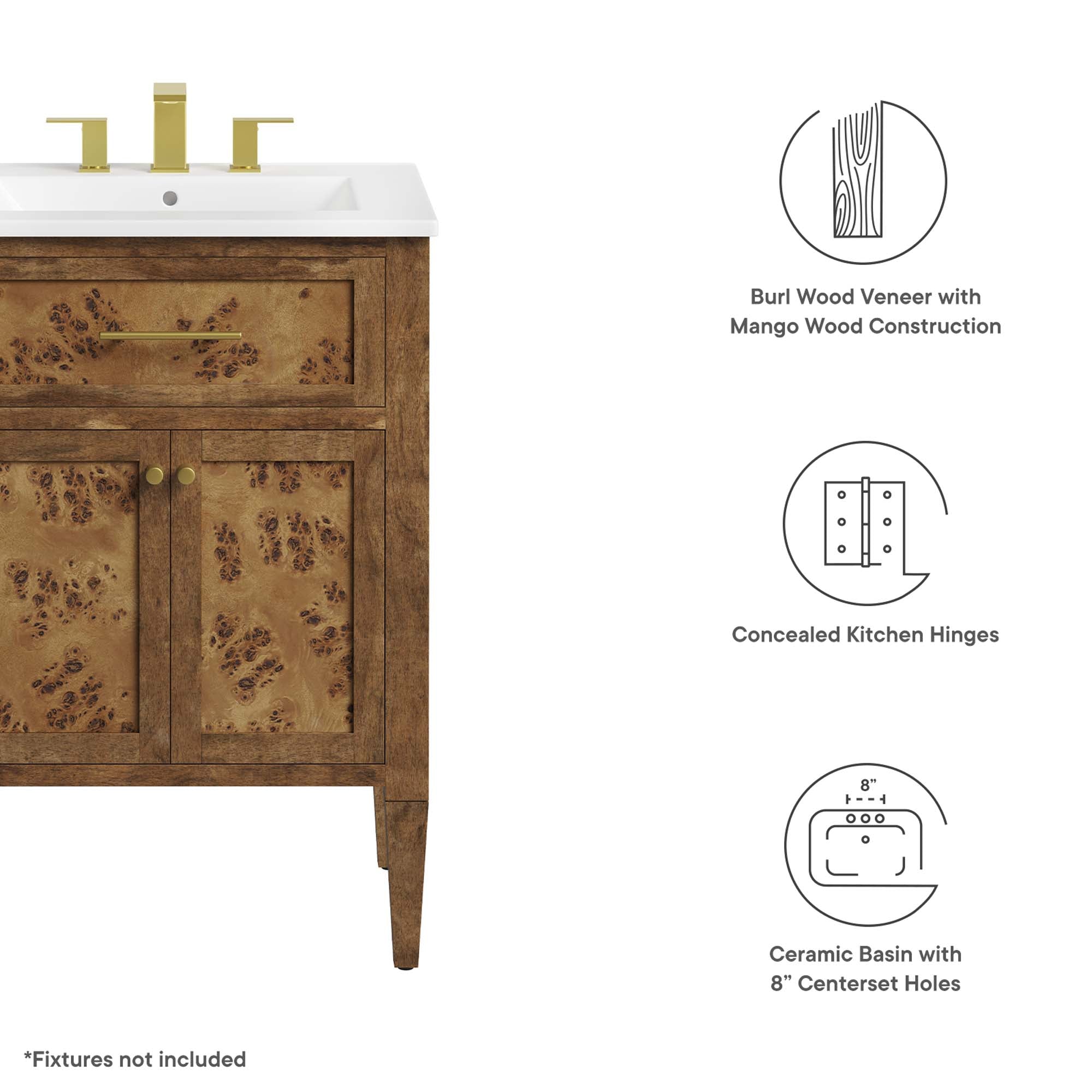Elysian 24" Wood Bathroom Vanity, White Brown