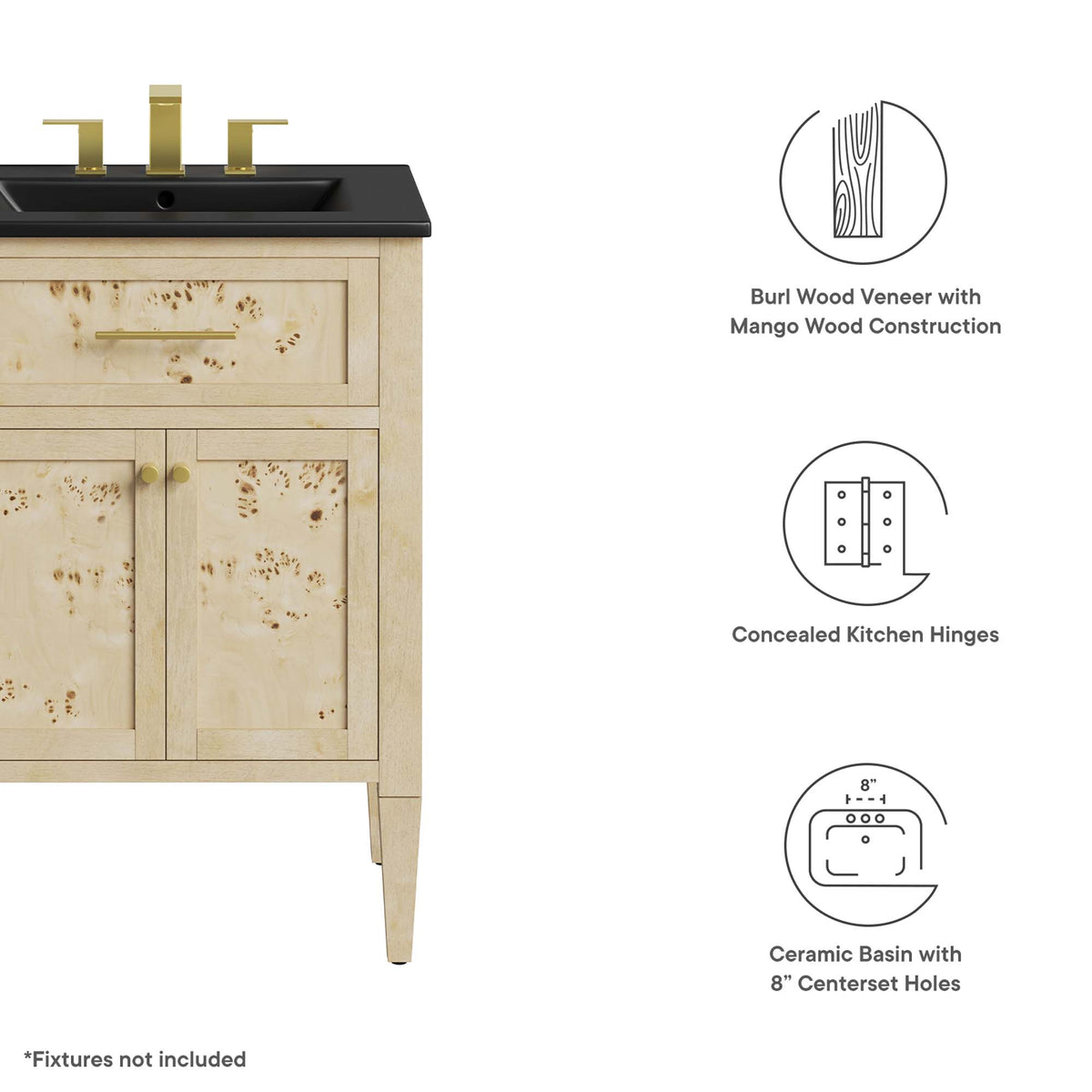 Elysian 24" Wood Bathroom Vanity, Black Burl