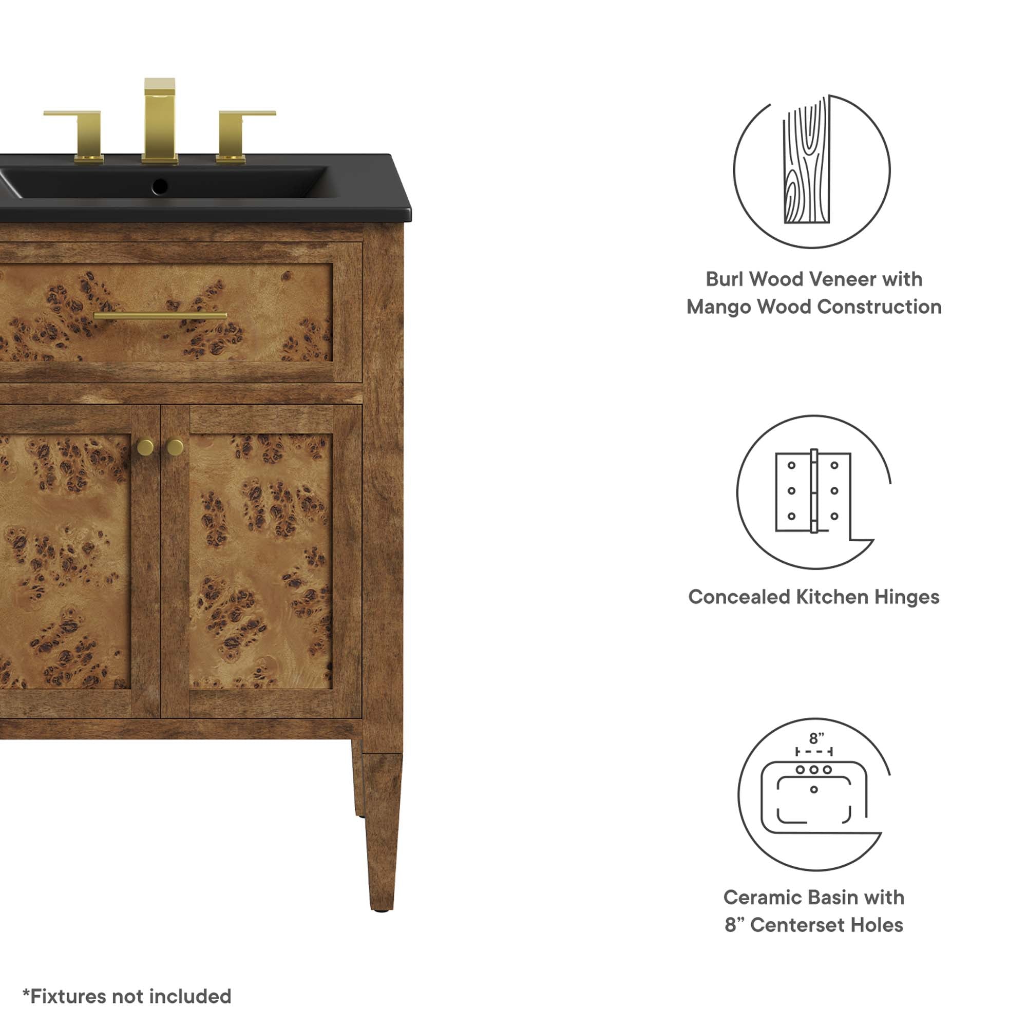 Elysian 24" Wood Bathroom Vanity, Black Brown