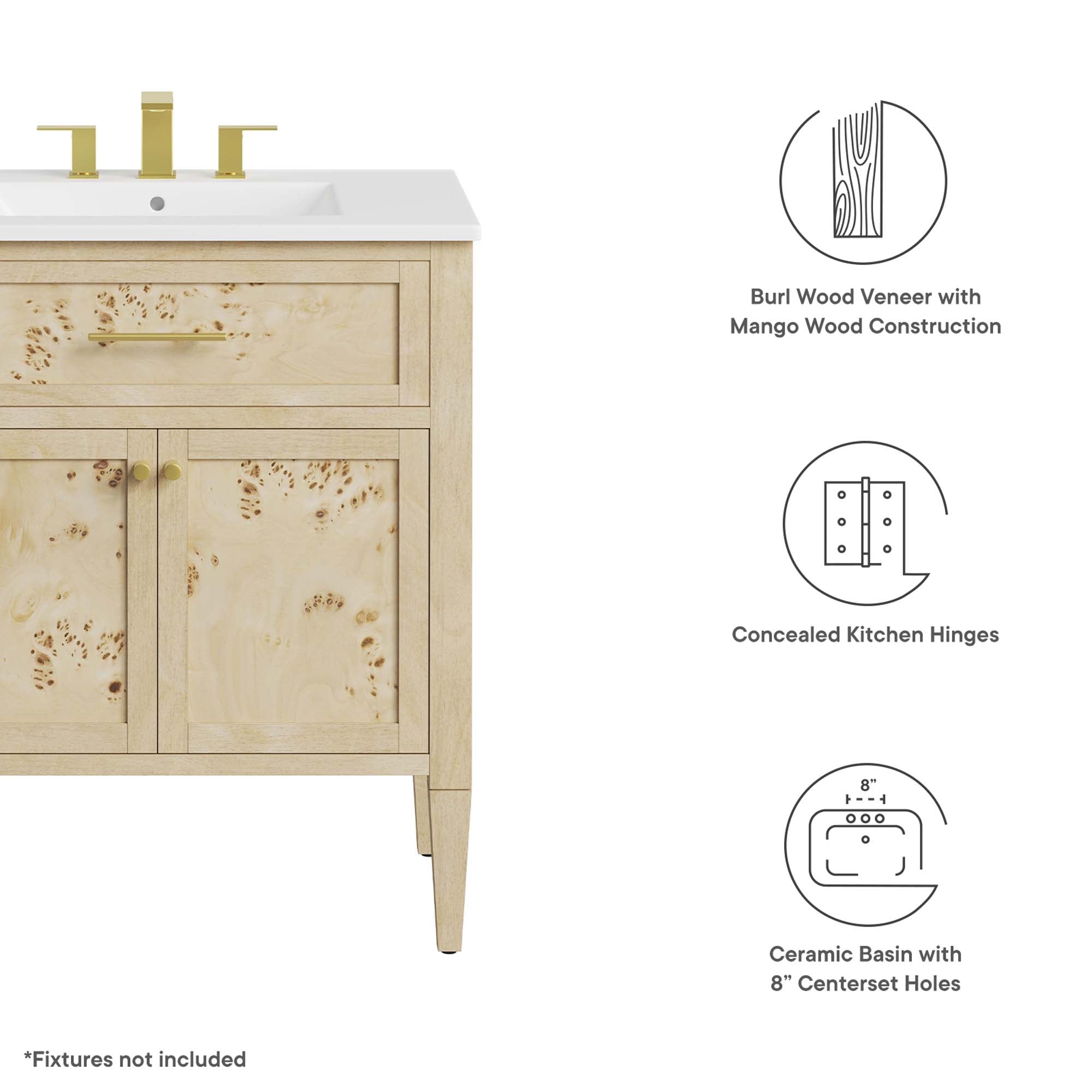 Elysian 30" Wood Bathroom Vanity, White Burl