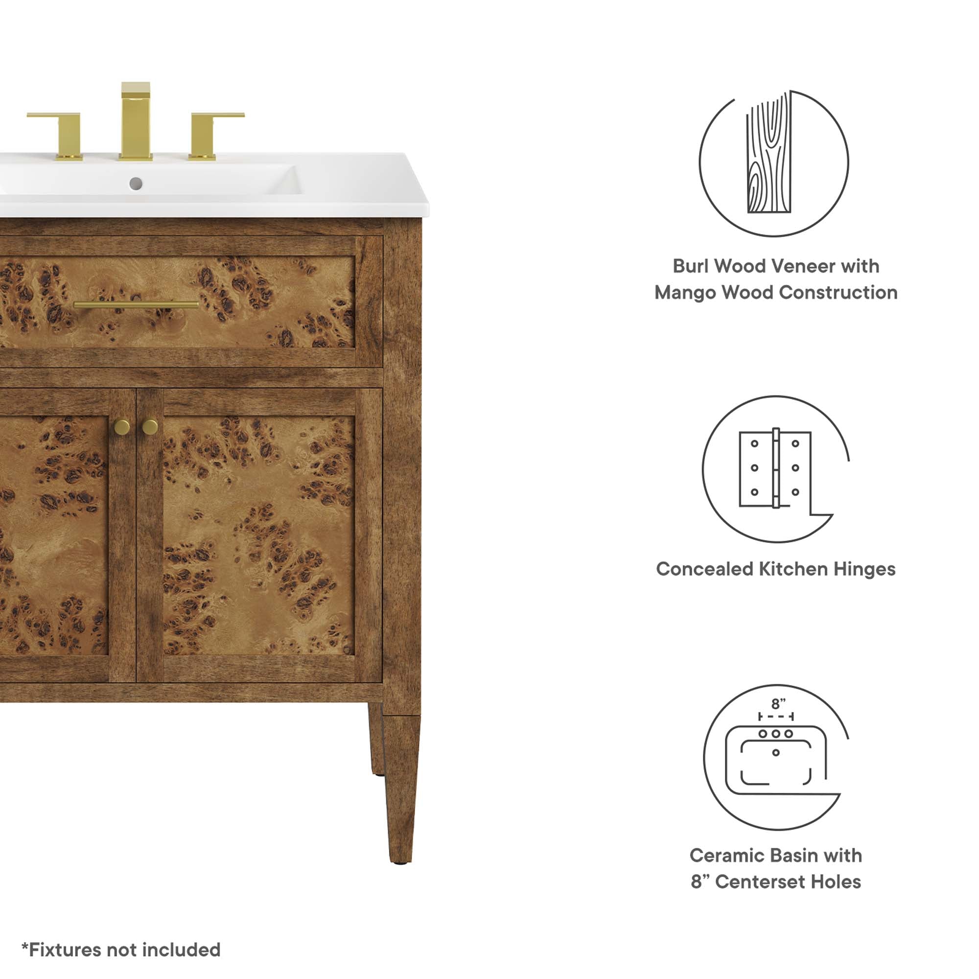 Elysian 30" Wood Bathroom Vanity, White Brown