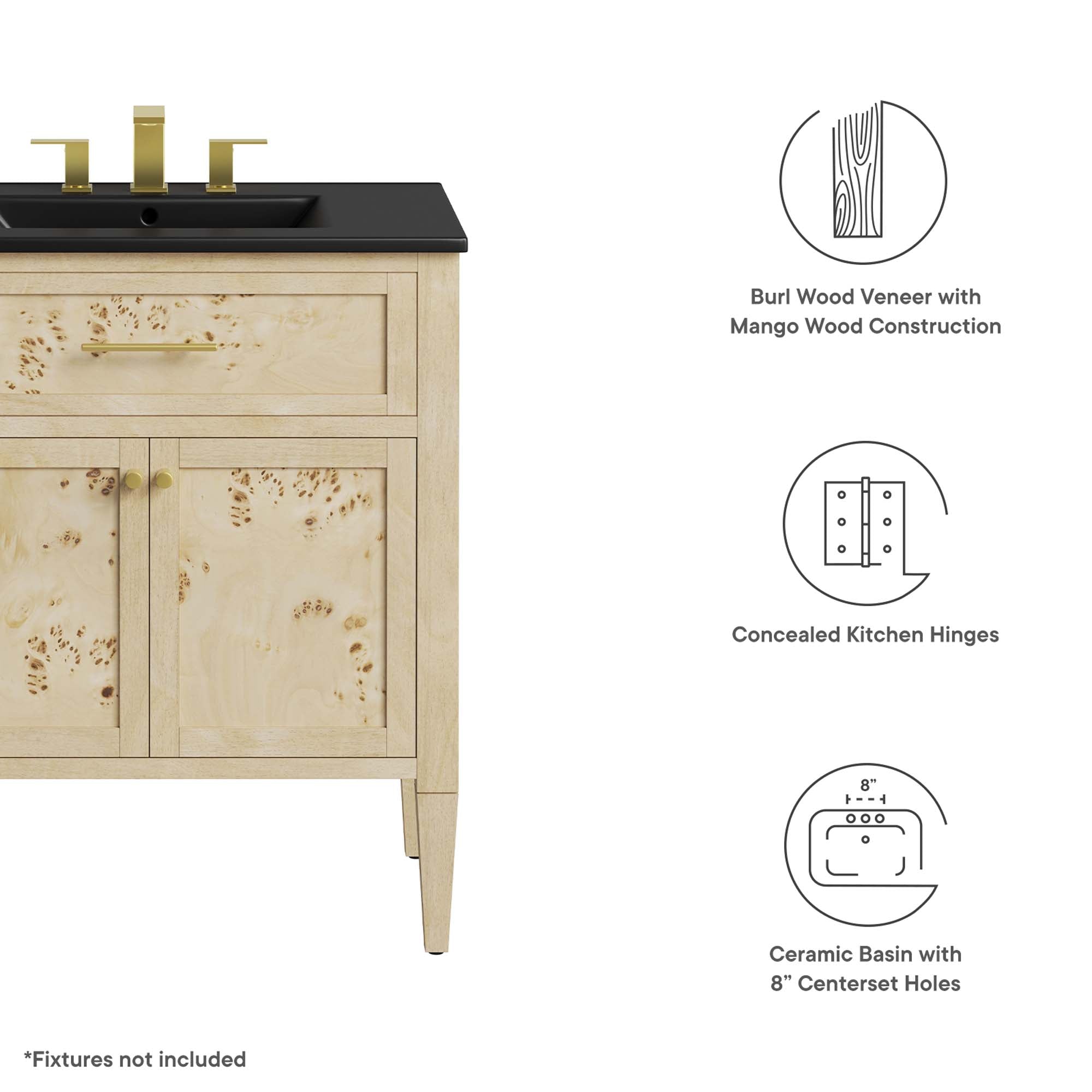 Elysian 30" Wood Bathroom Vanity, Black Burl