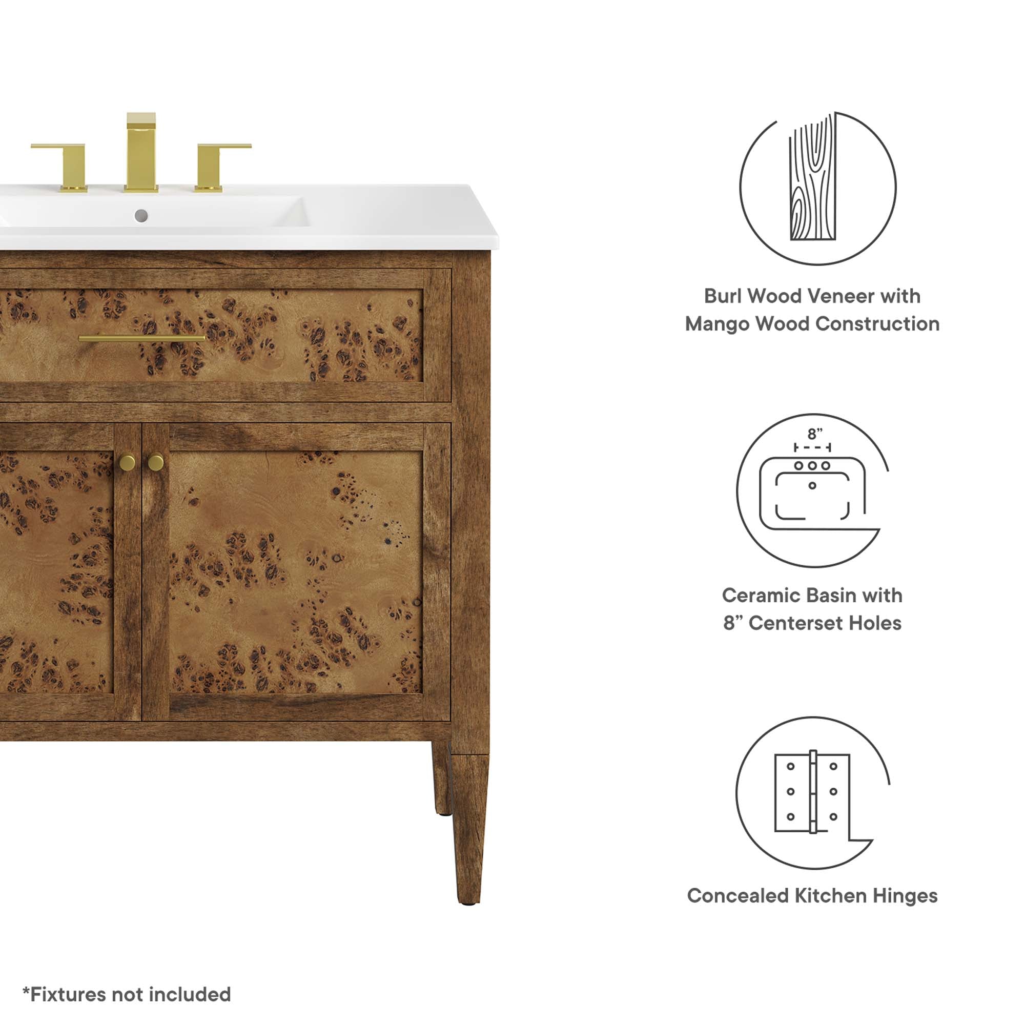 Elysian 36" Wood Bathroom Vanity, White Brown