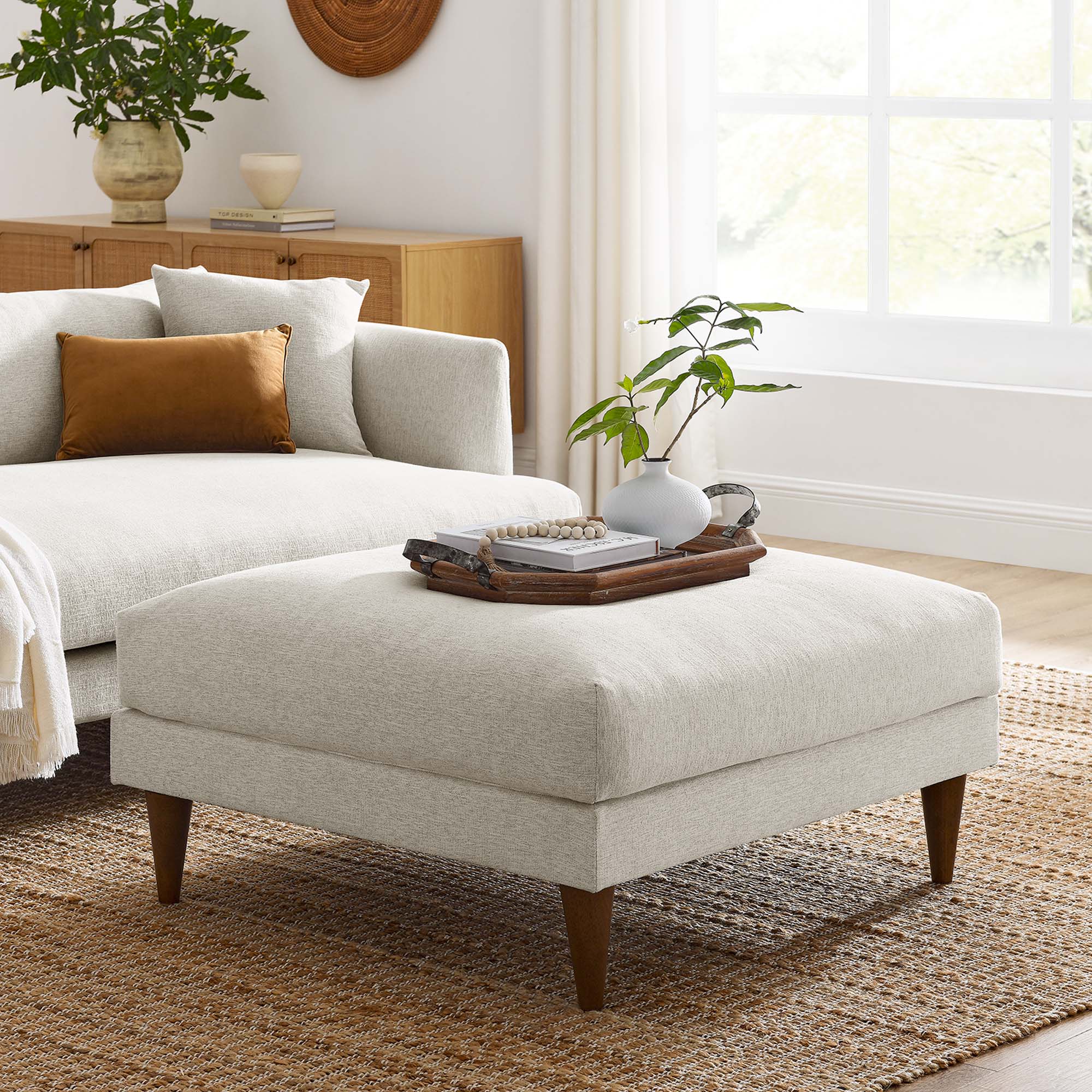Zoya Down Filled Overstuffed Ottoman, Ivory Fabric