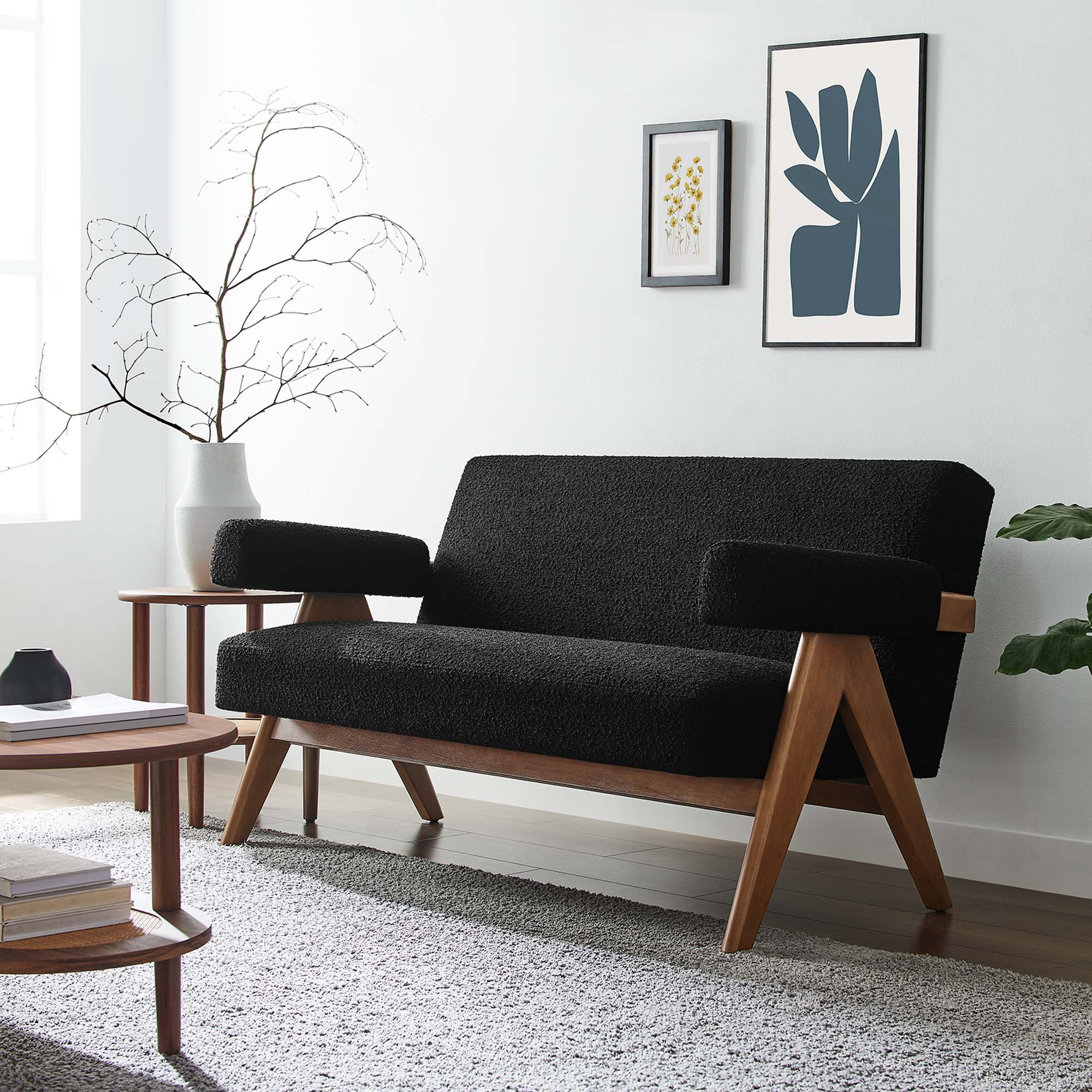 Lyra Boucle Fabric Loveseat, Black