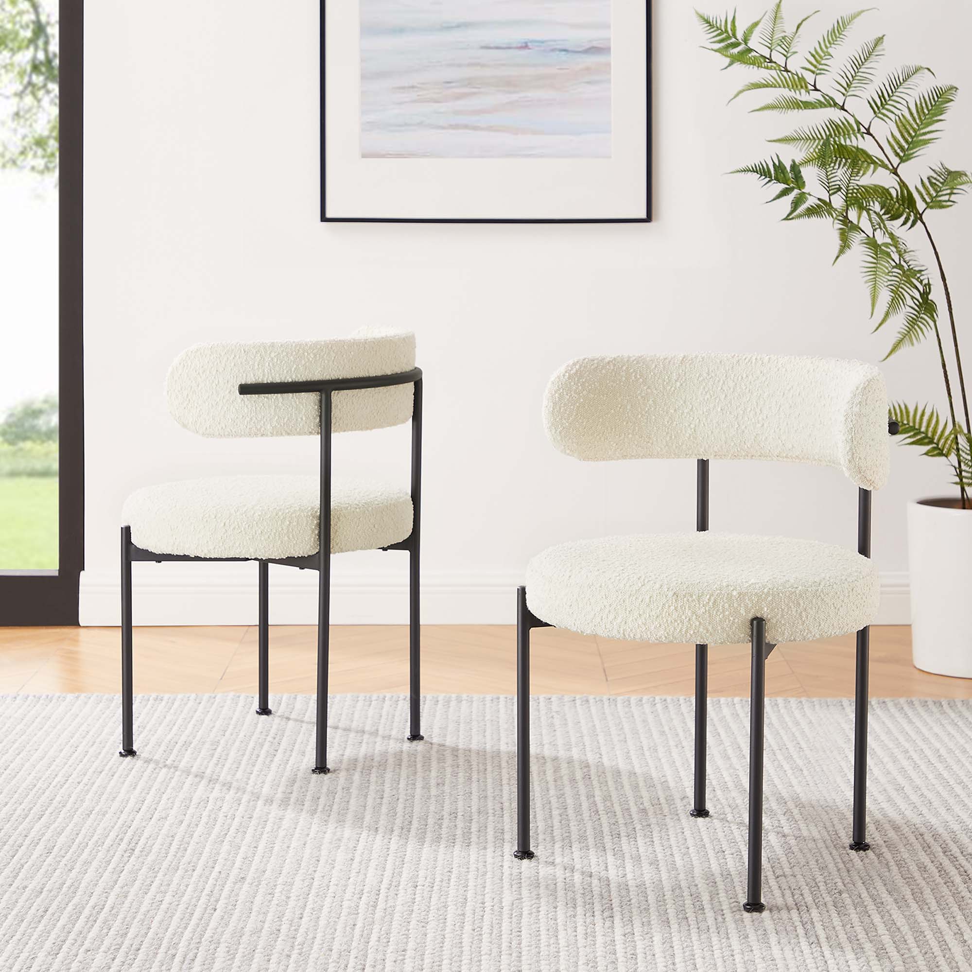 Albie Boucle Fabric Dining Chairs Set of 2, Ivory Black