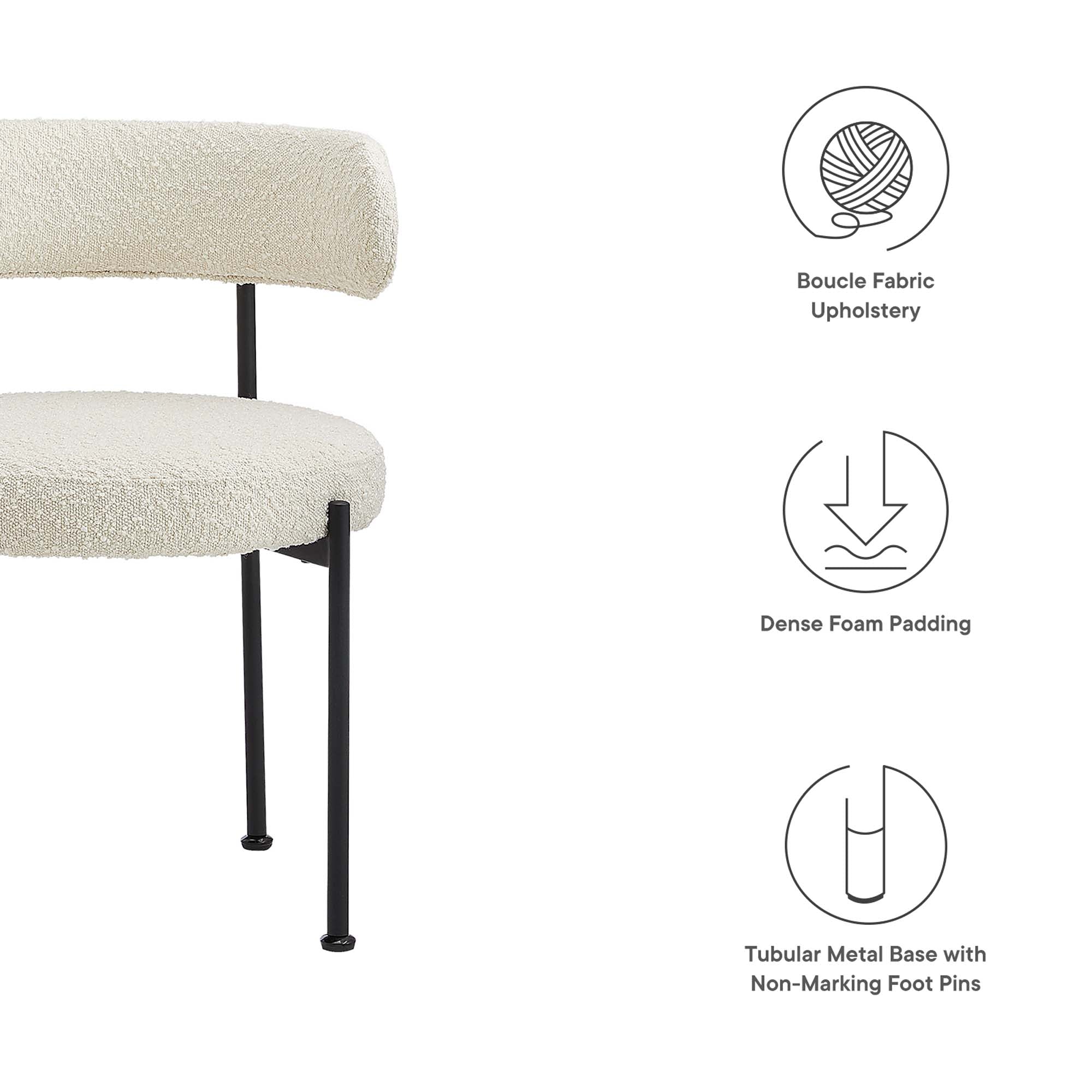 Albie Boucle Fabric Dining Chairs Set of 2, Ivory Black