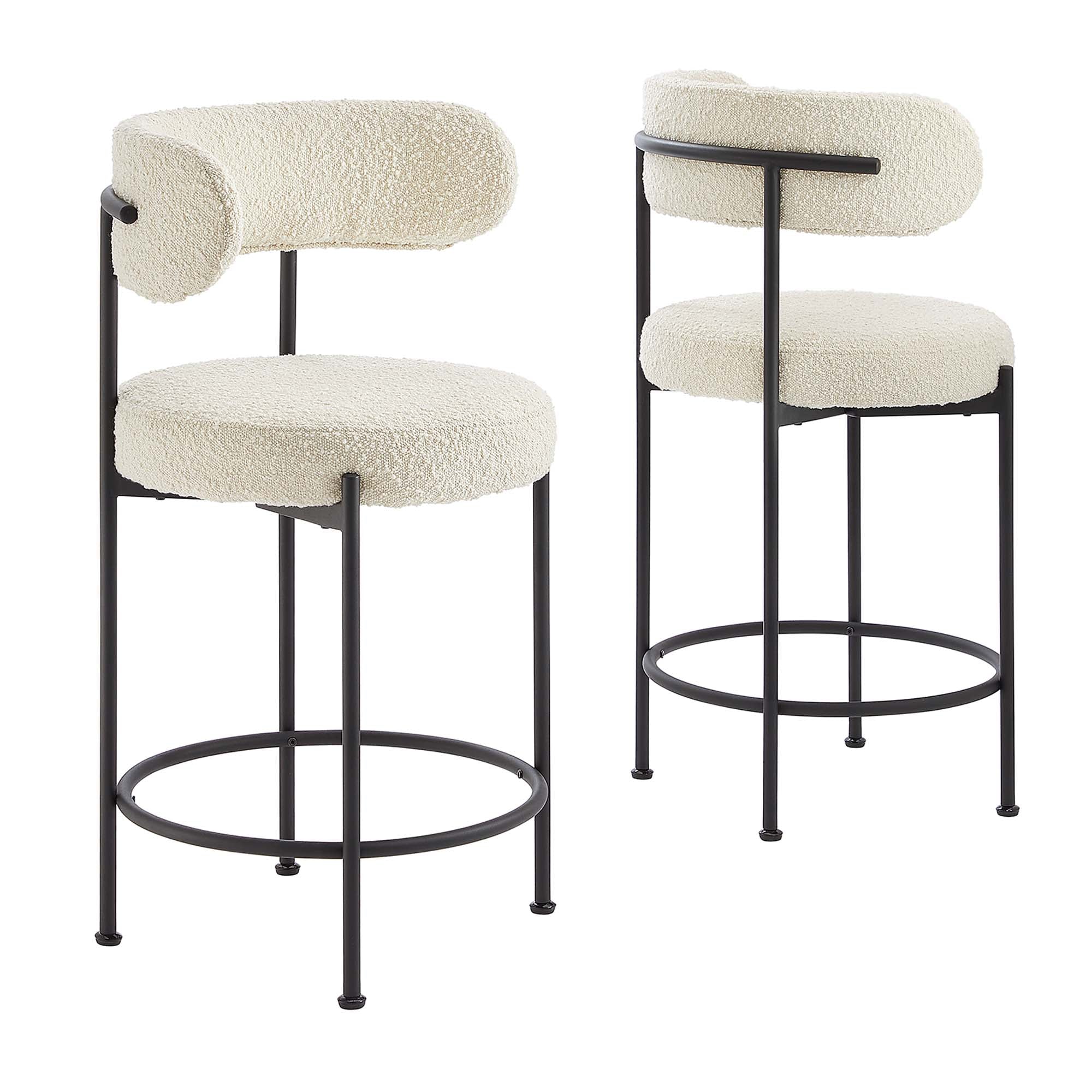 Albie Boucle Fabric Counter Stools Set of 2, Ivory Black