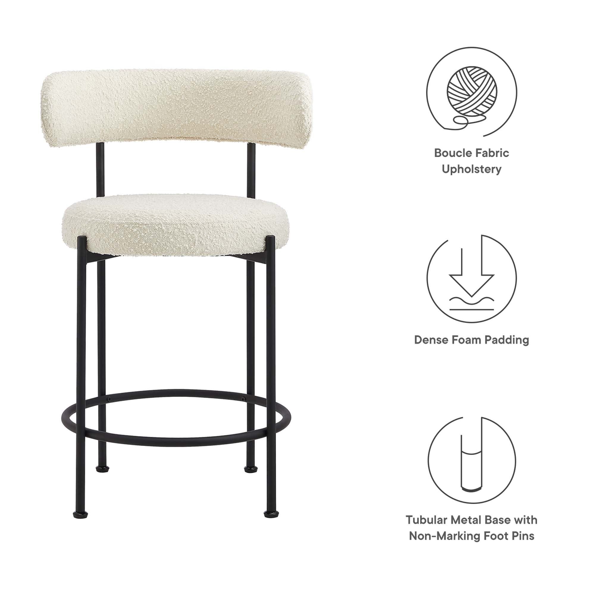 Albie Boucle Fabric Counter Stools Set of 2, Ivory Black