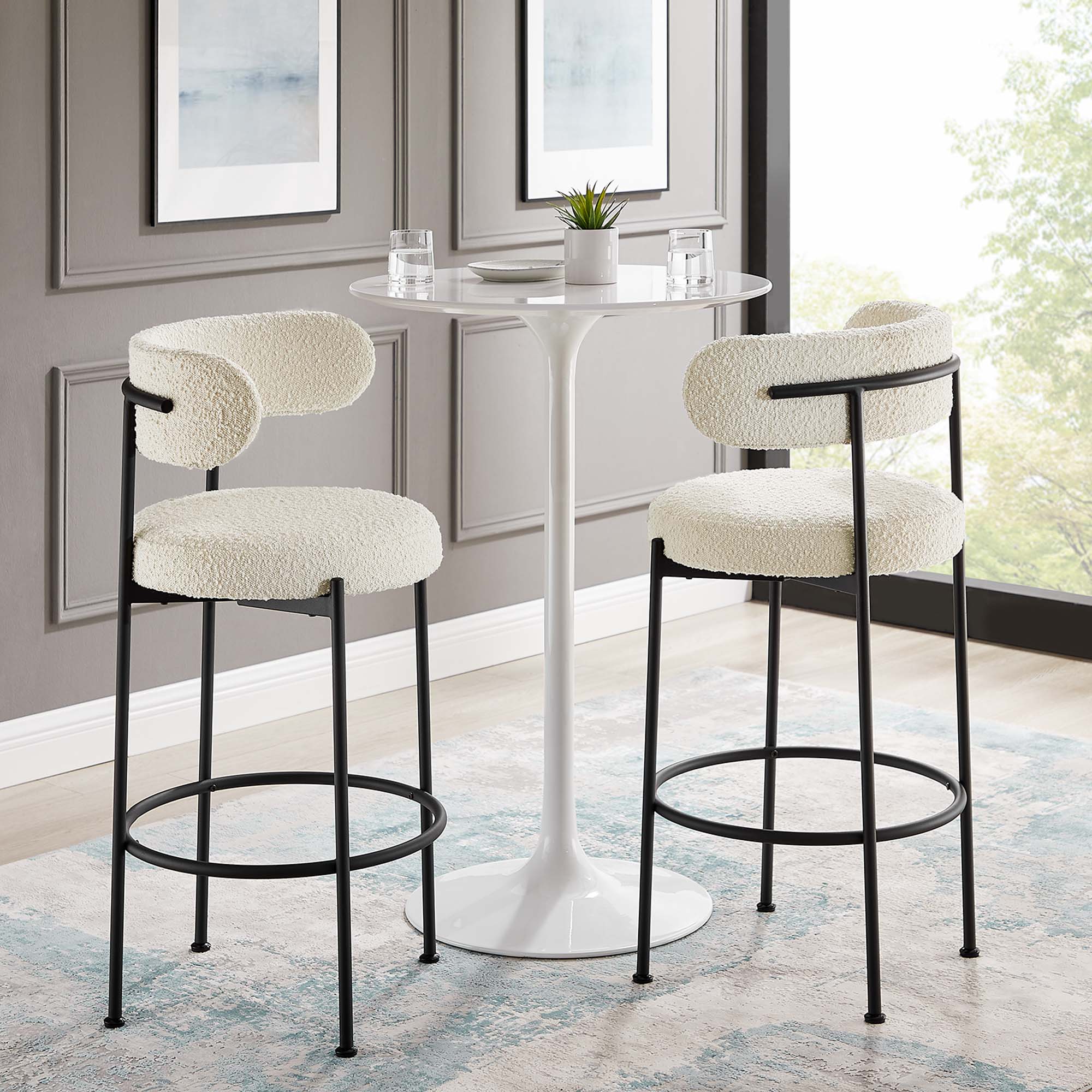 Albie Boucle Fabric Bar Stools Set of 2, Ivory Black