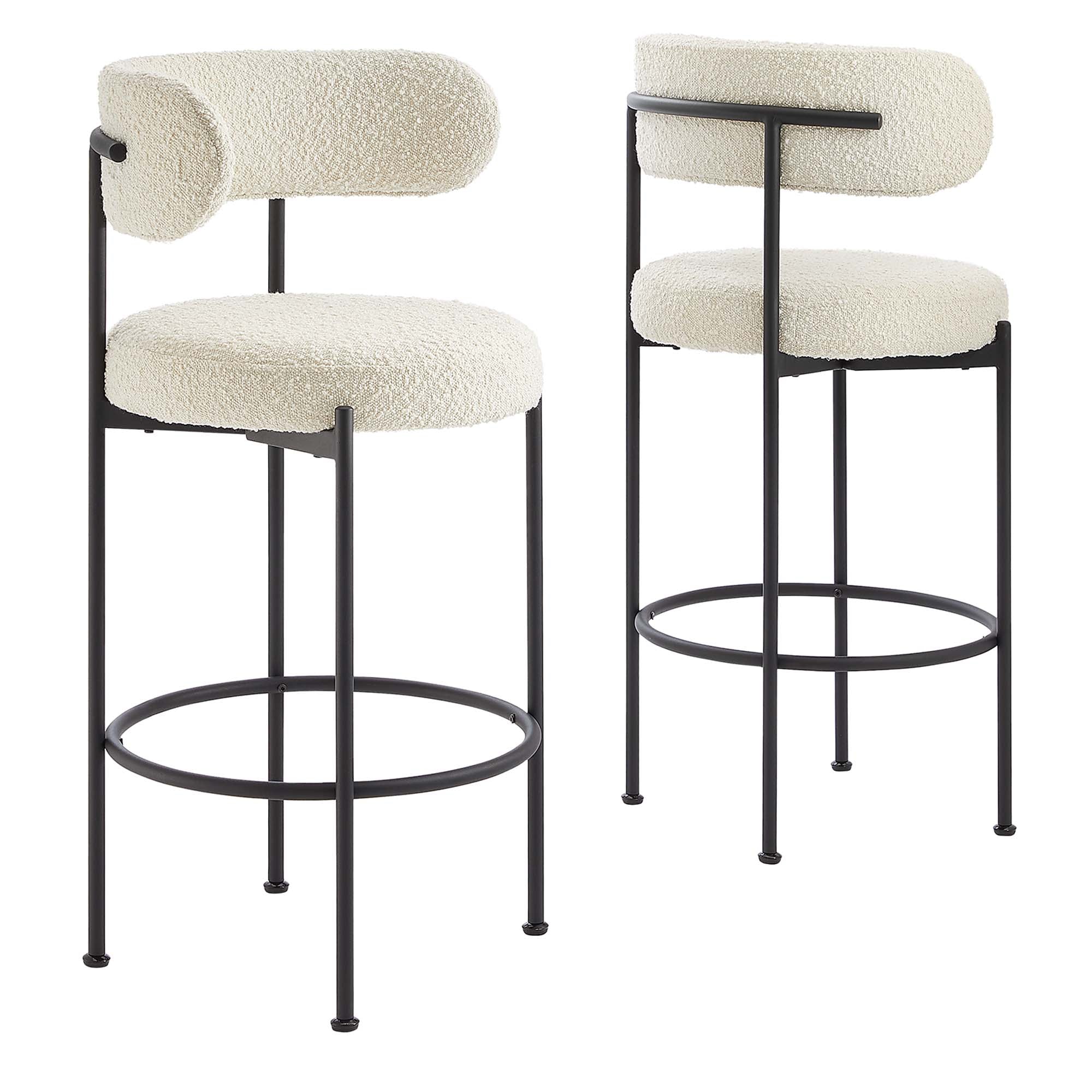 Albie Boucle Fabric Bar Stools Set of 2, Ivory Black