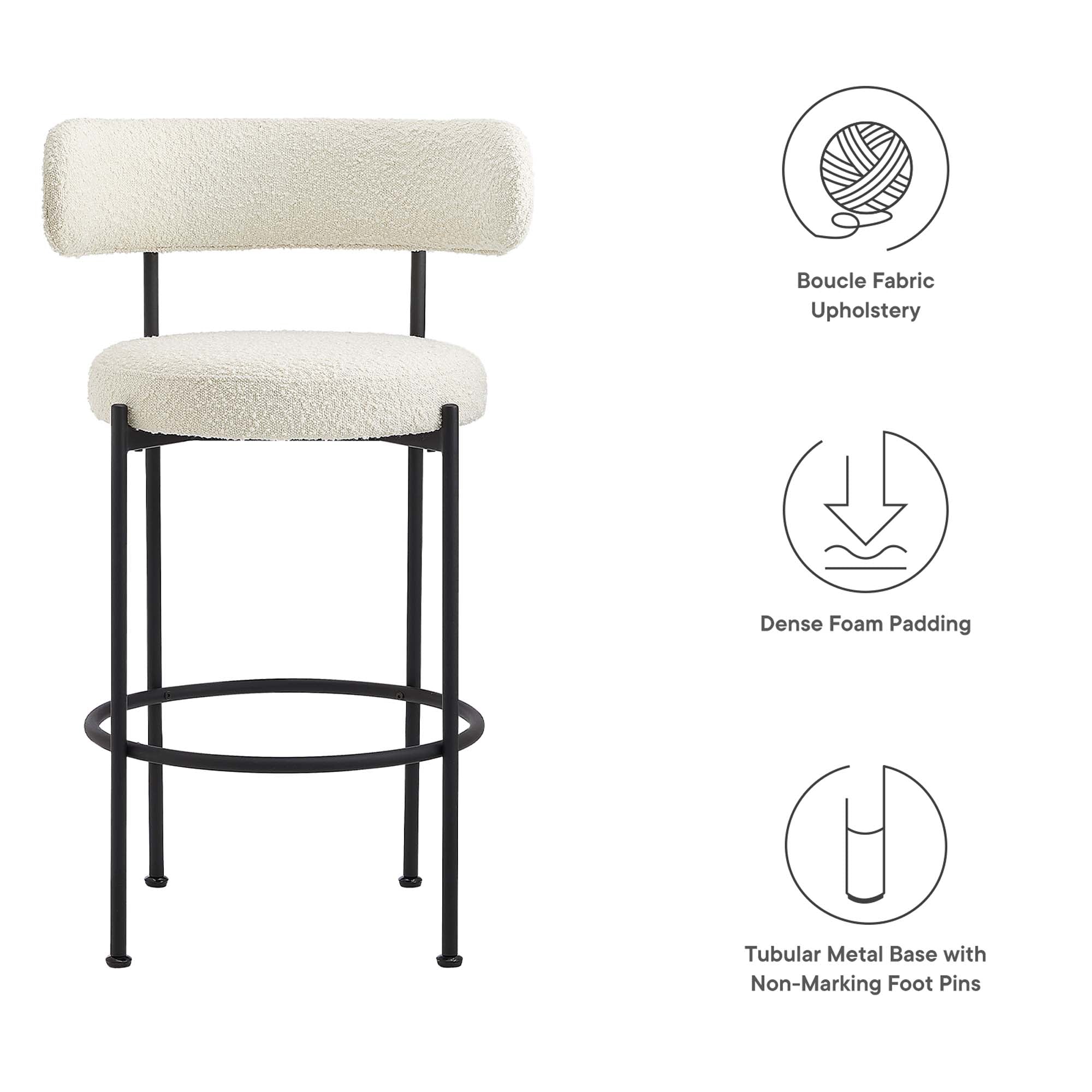 Albie Boucle Fabric Bar Stools Set of 2, Ivory Black