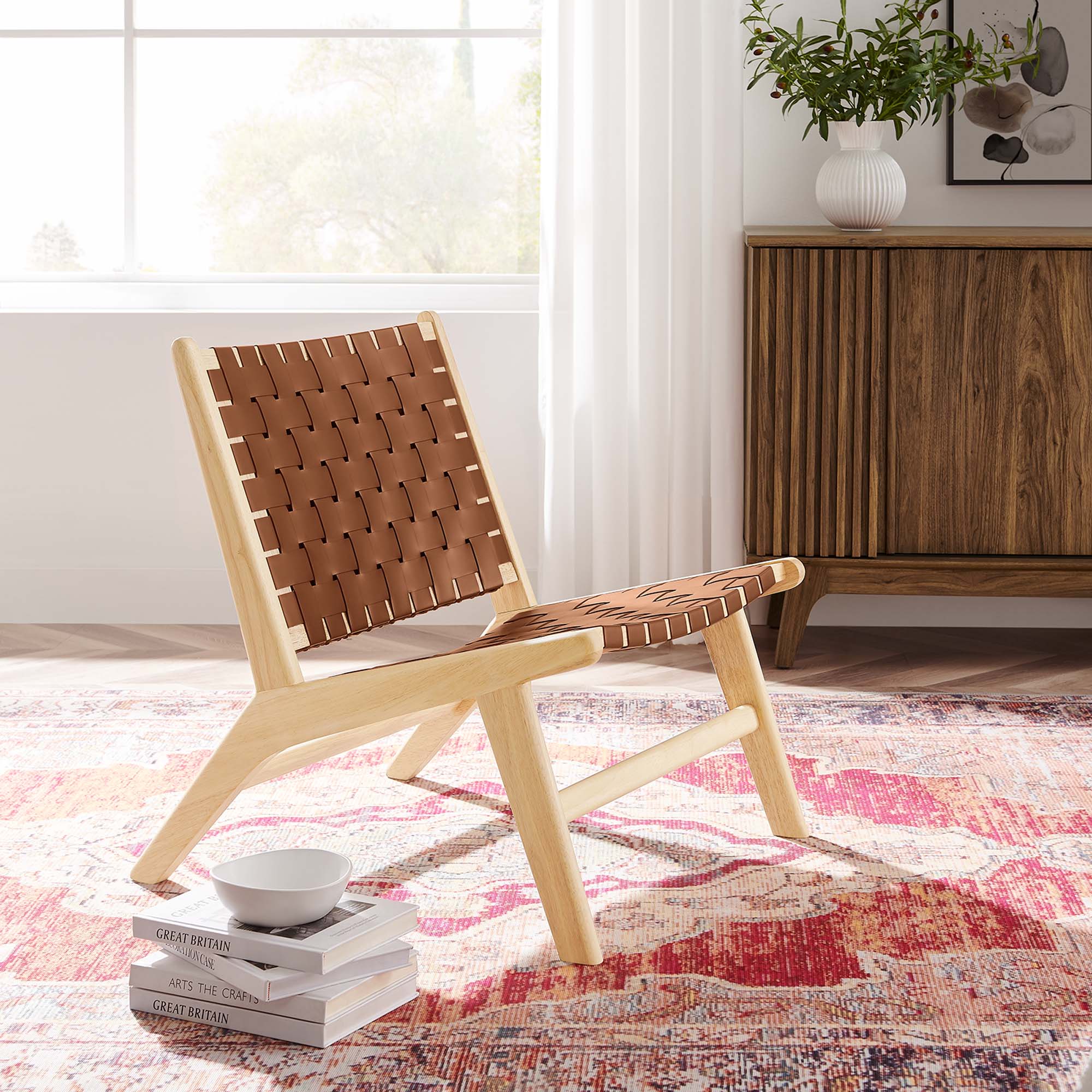 Saoirse Leather Wood Accent Lounge Chair, Natural Brown