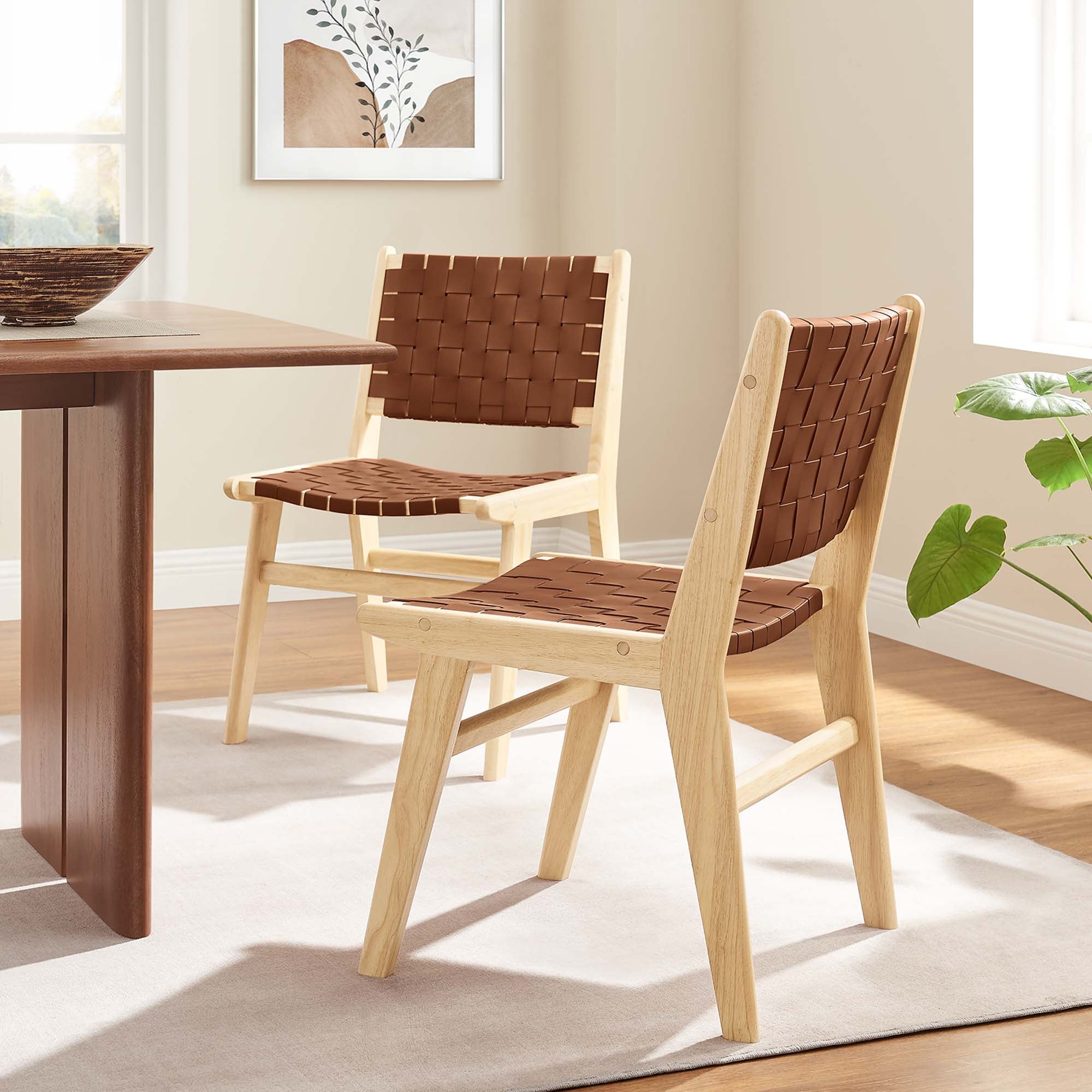 Saoirse Leather Wood Dining Side Chair Set of 2, Natural Brown