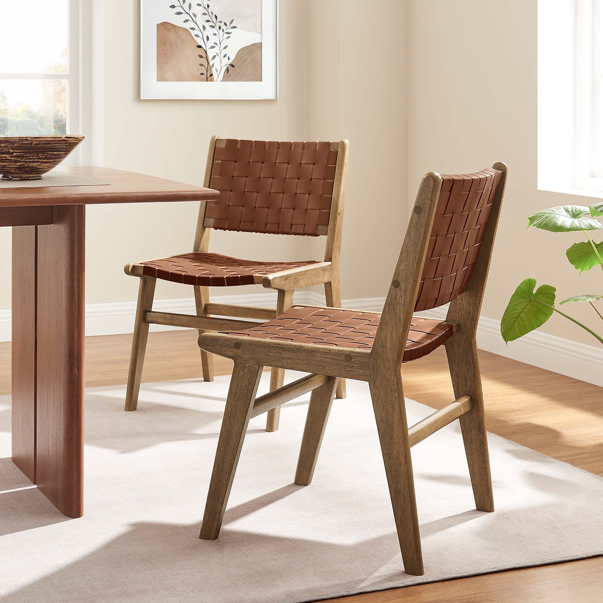 Saoirse Leather Wood Dining Side Chair Set of 2, Walnut Brown