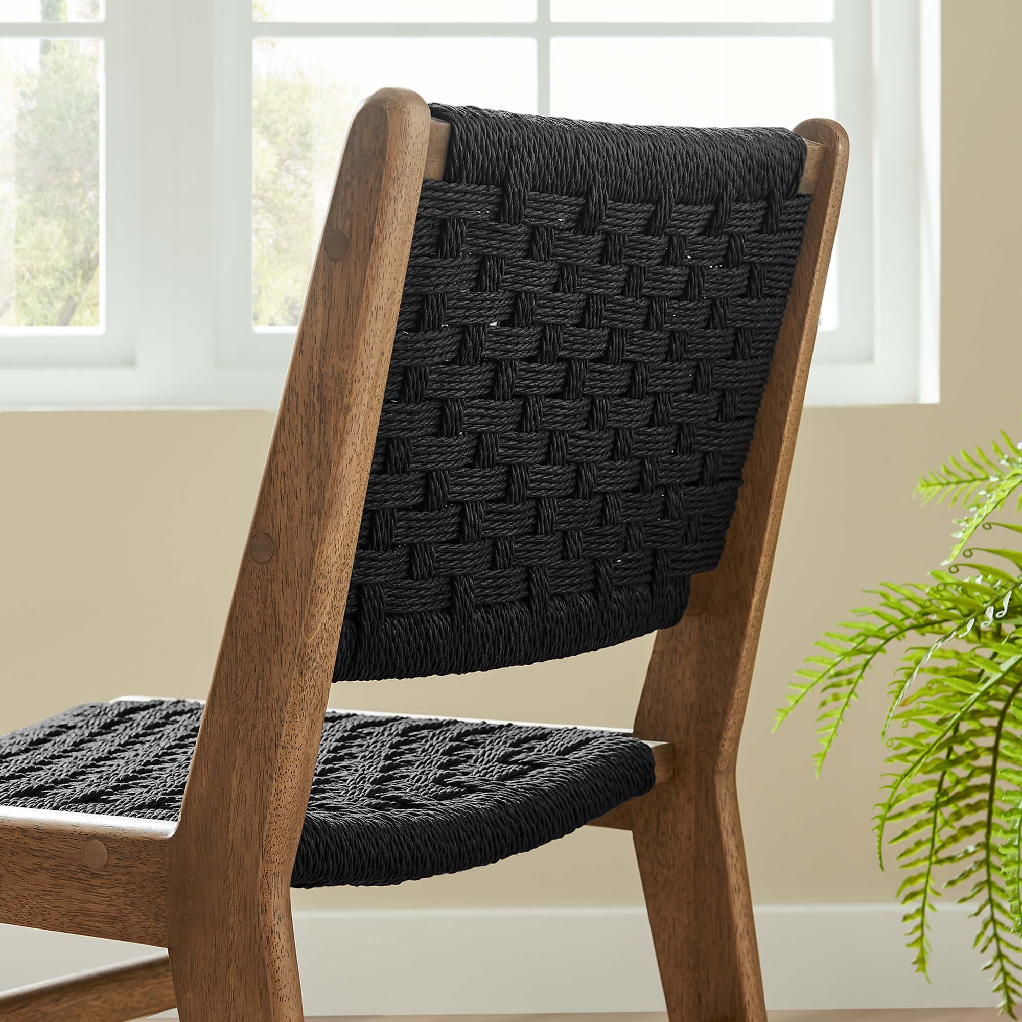 Saoirse Woven Rope Wood Dining Side Chair Set of 2, Walnutt Black