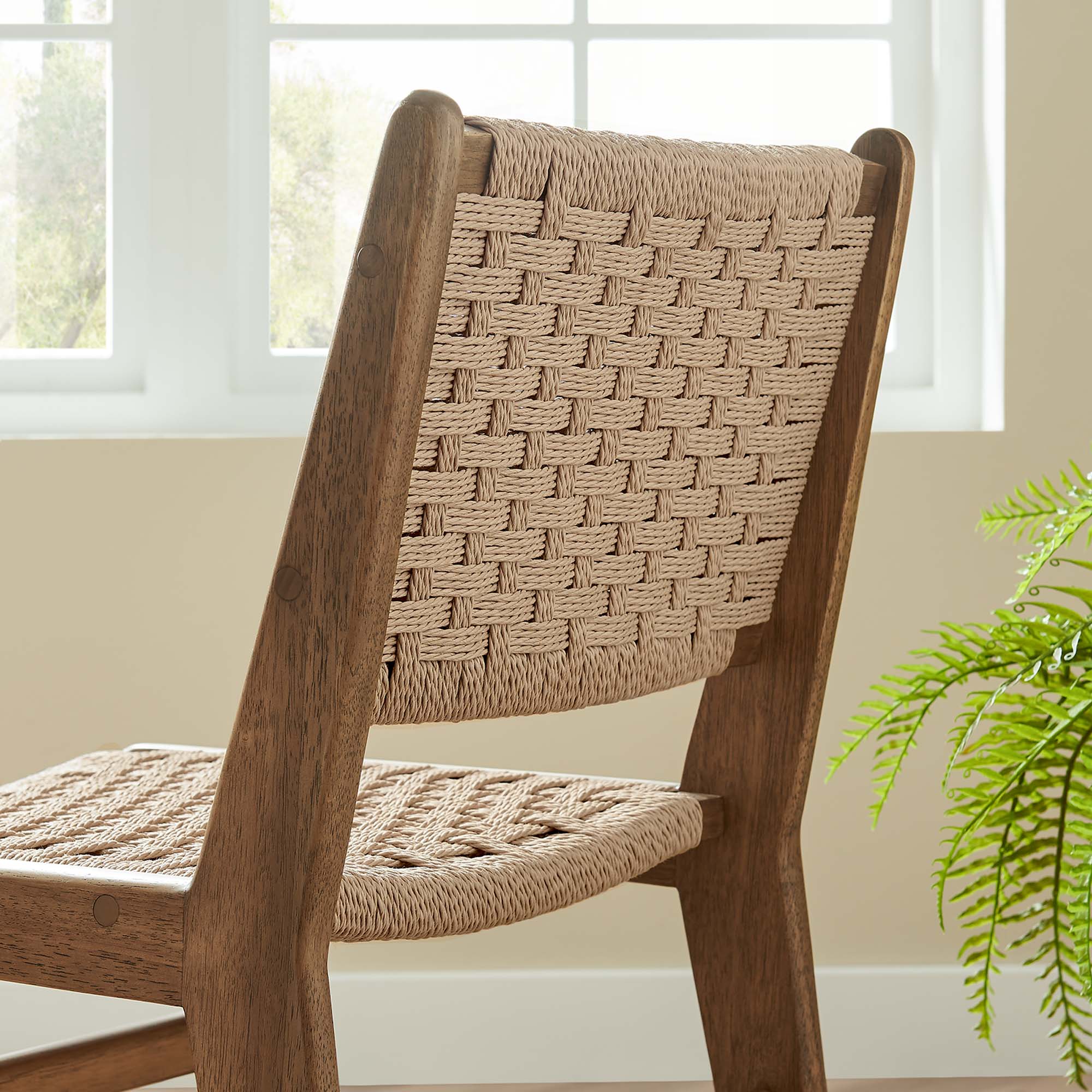 Saoirse Woven Rope Wood Dining Side Chair Set of 2, Walnut Natural