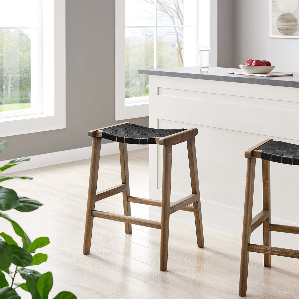 Saoirse Faux Leather Wood Counter Stool Set of 2, Walnut Black