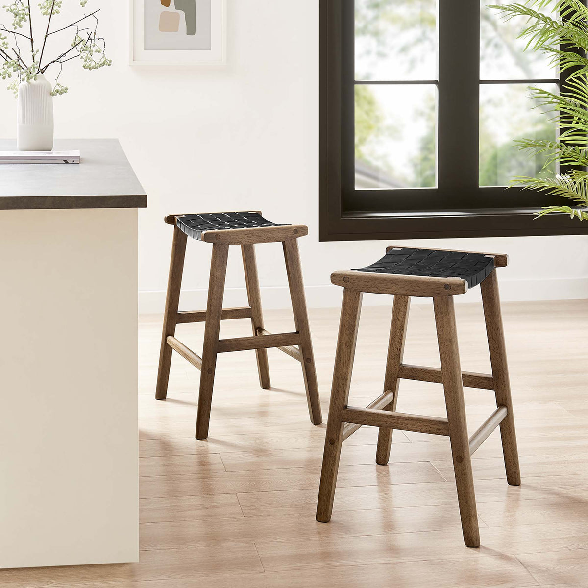 Saoirse Faux Leather Wood Counter Stool Set of 2, Walnut Black
