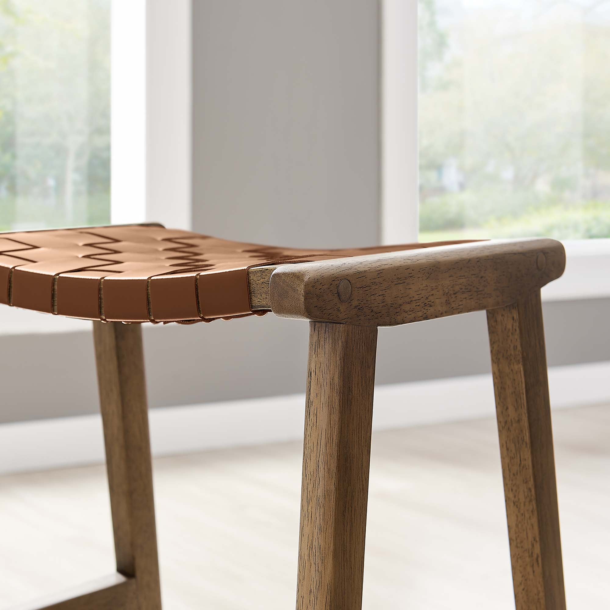 Saoirse Faux Leather Wood Counter Stool Set of 2, Walnut Brown