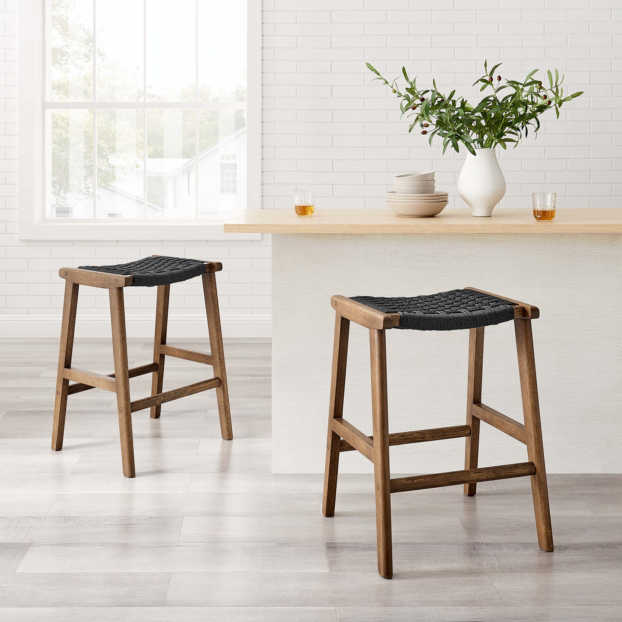 Saoirse Woven Rope Wood Counter Stool Set of 2, Walnut Black