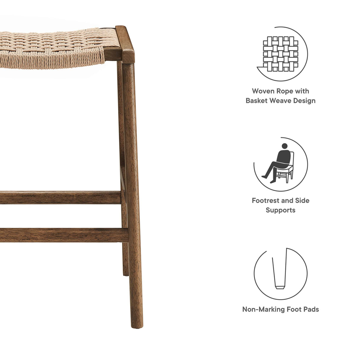 Saoirse Woven Rope Wood Counter Stool Set of 2, Walnut Natural