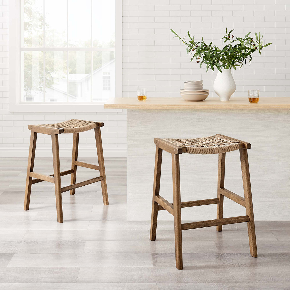 Saoirse Woven Rope Wood Counter Stool Set of 2, Walnut Natural