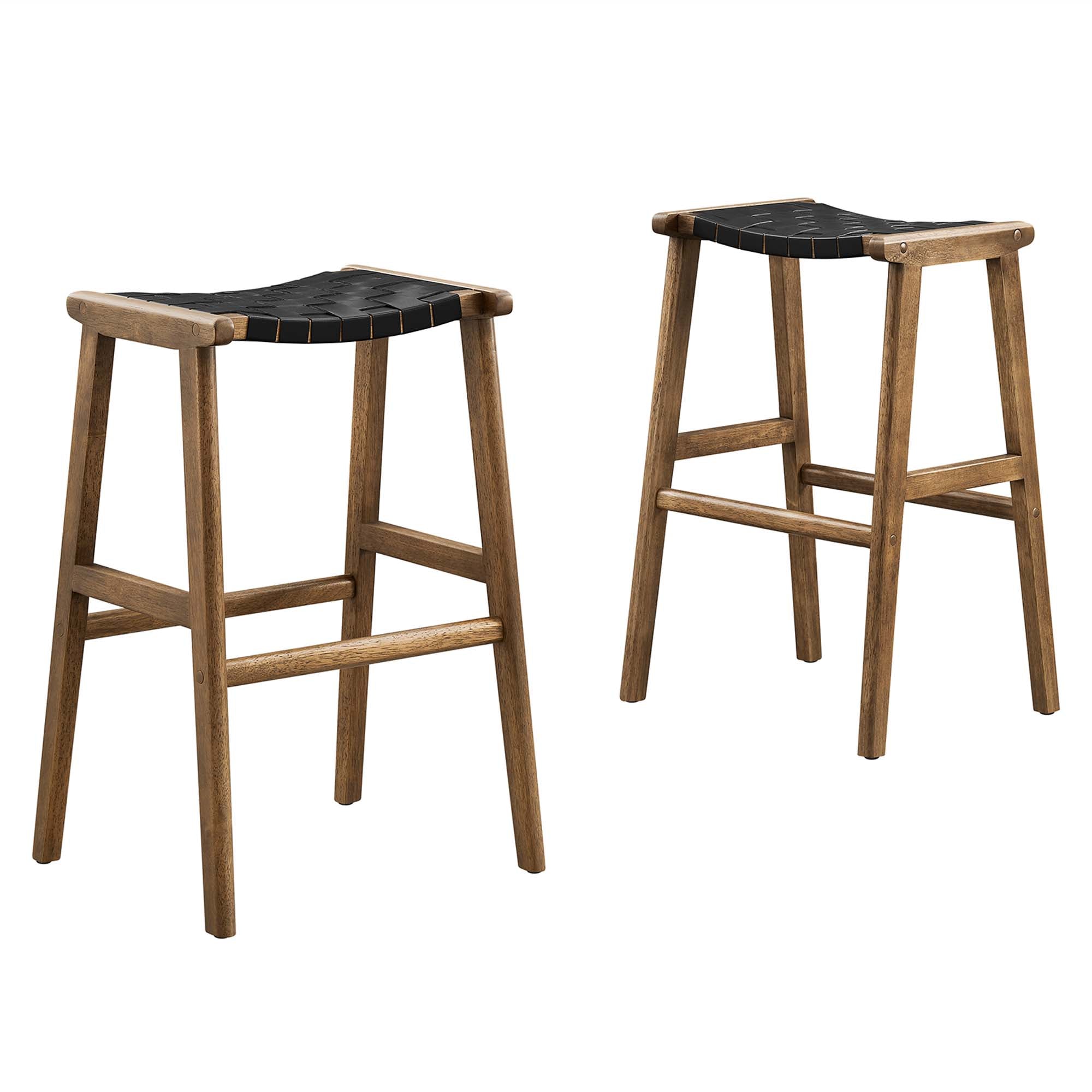 Saoirse Leather Wood Bar Stool Set of 2, Walnut Black